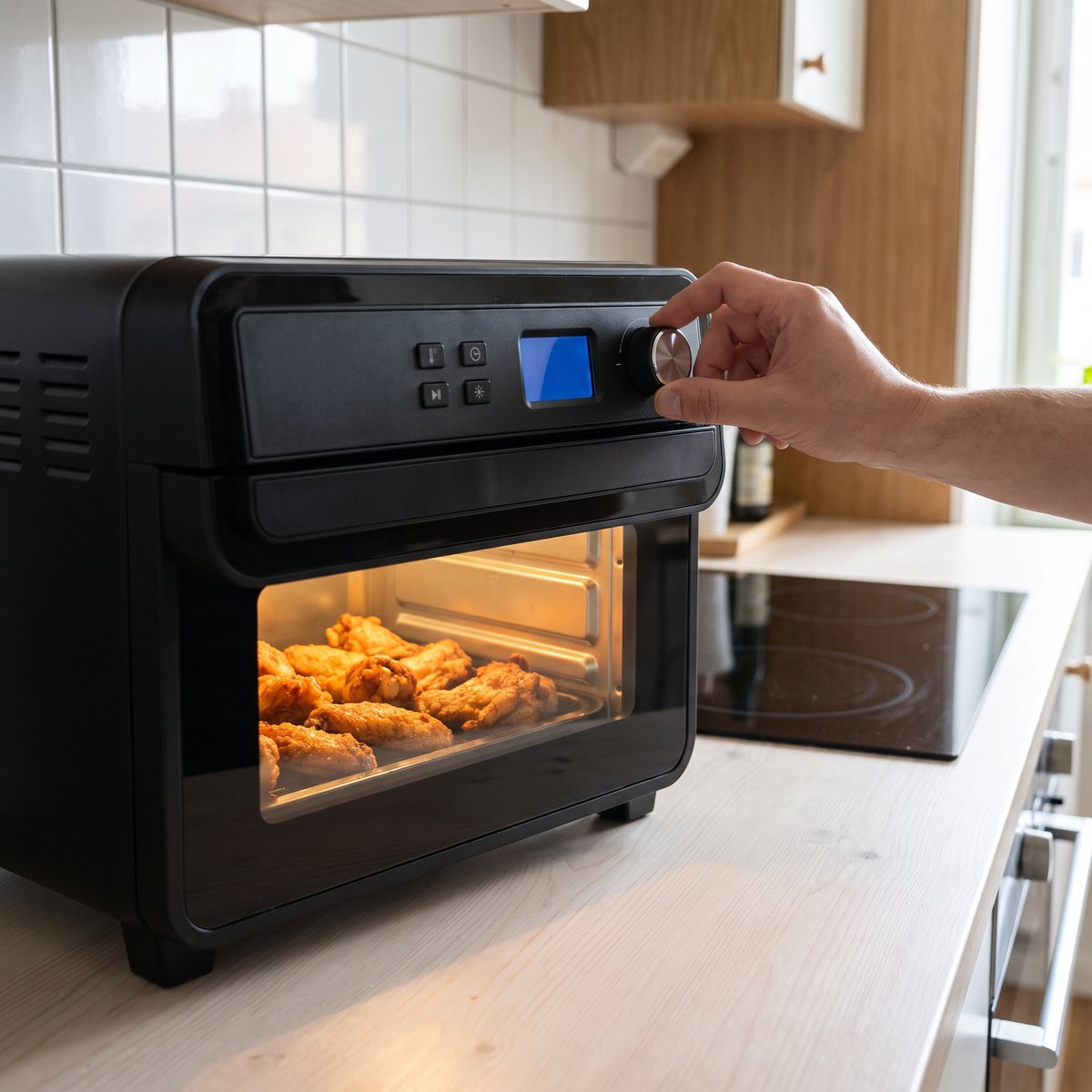 Caso AirFry Chef 1700 i svart på en bänk i ett svenskt kök, där en hand vrider på ratten medan kycklingvingar tillagas