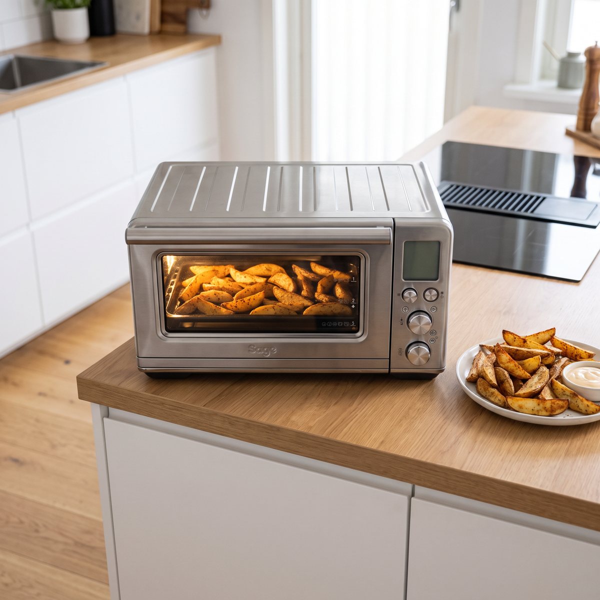 Sage The Smart Oven Air Fry i rostfritt stål på en köksbänk i ett svenskt kök, med krispiga potatisklyftor som tillagas