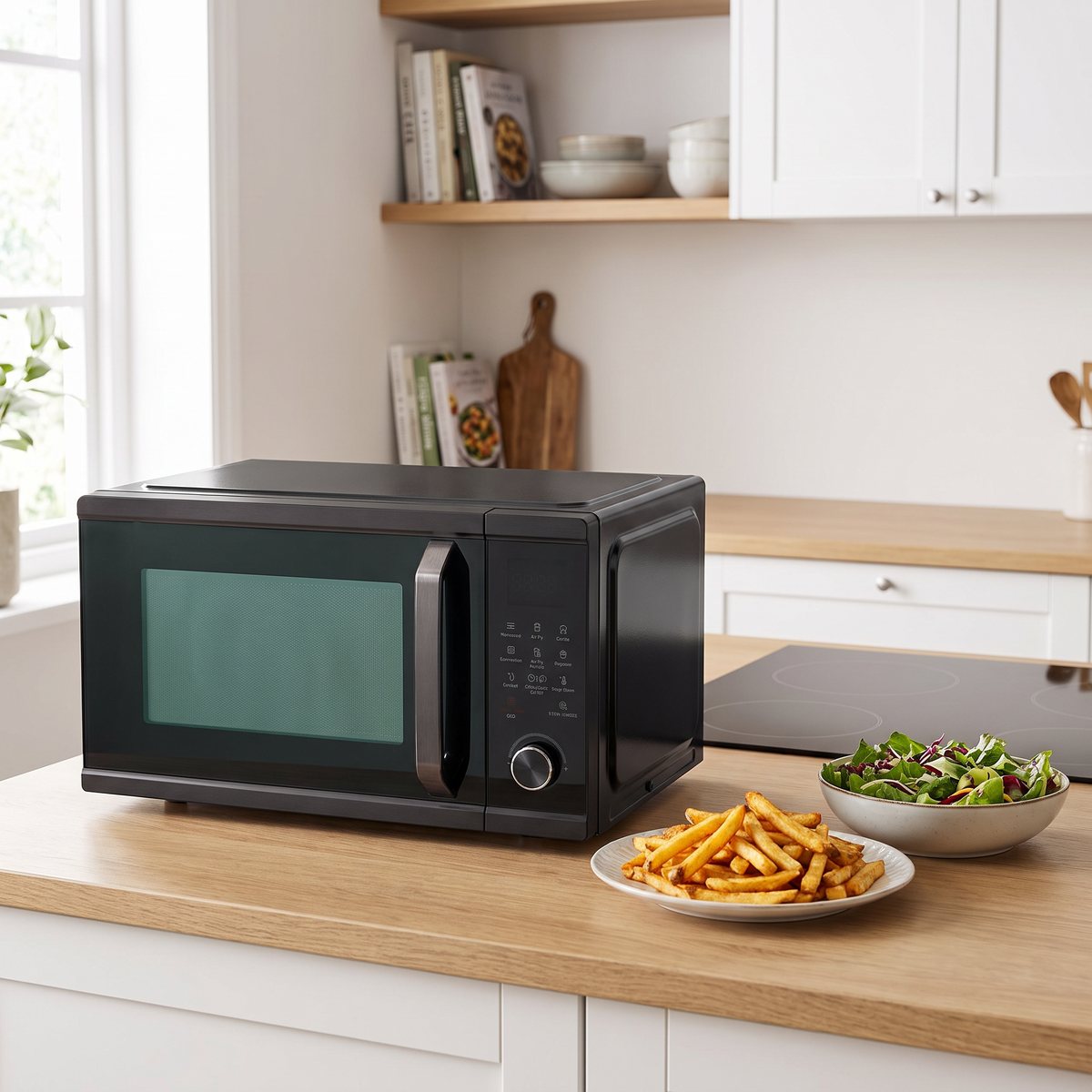 Wilfa MAC1B-I25 3-i-1 multiugn på en köksbänk i ett svenskt kök, med ett fat pommes frites och en skål sallad bredvid