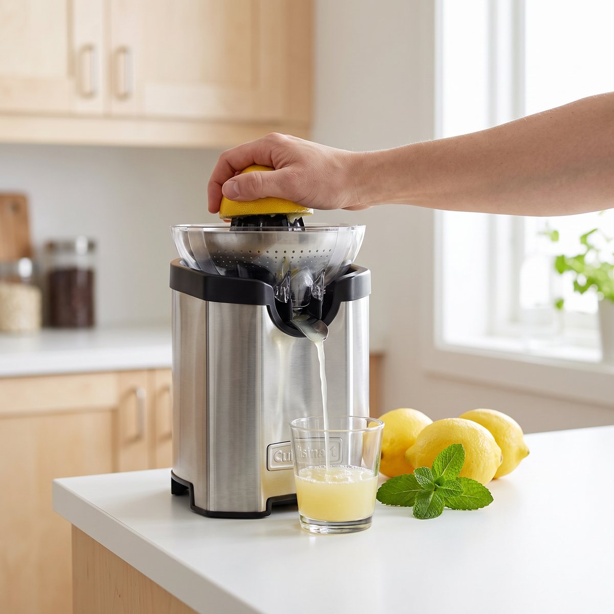 Cuisinart CCJ210E citruspress i rostfritt stål som pressar citron i ett svenskt kök