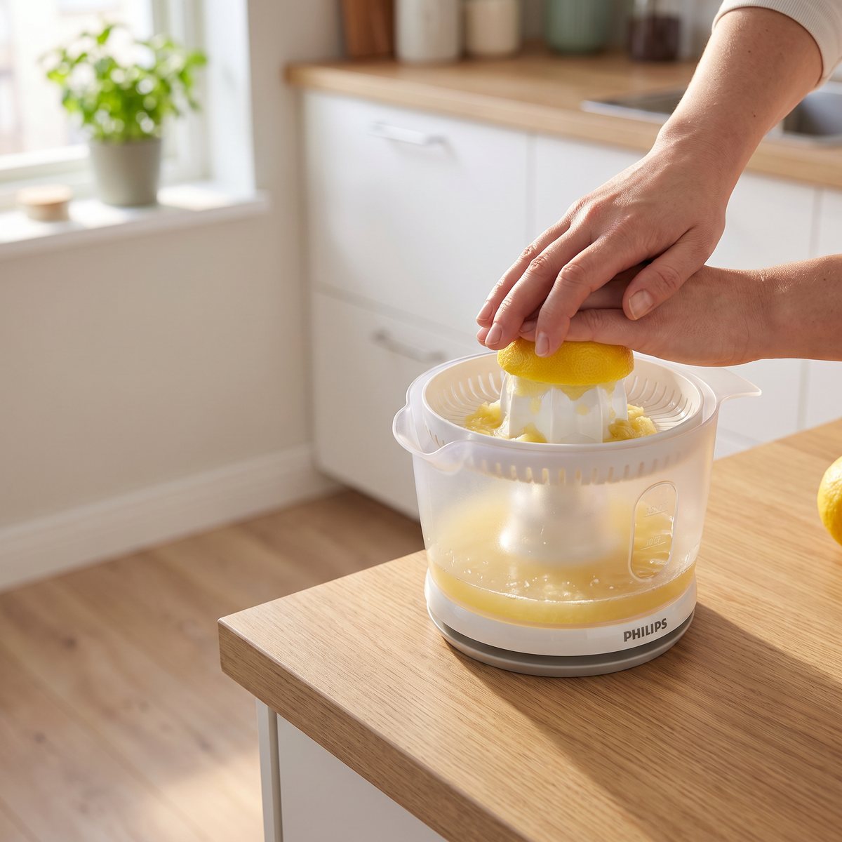 Philips HR2738 Daily Collection citruspress som pressar citron i ett svenskt hemkök
