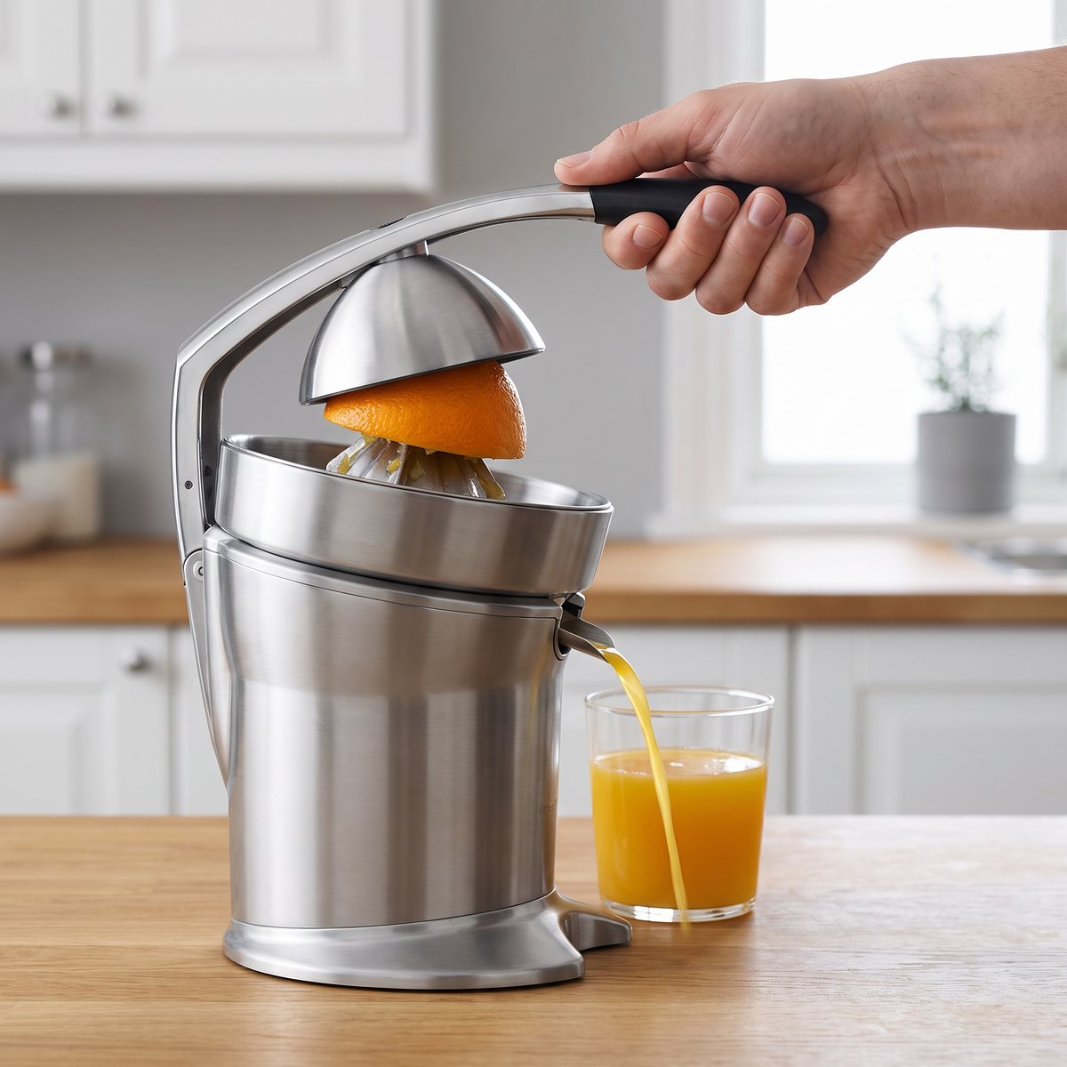Sage the Citrus Press Pro i borstat rostfritt stål med spak, som pressar en apelsin i ett svenskt kök