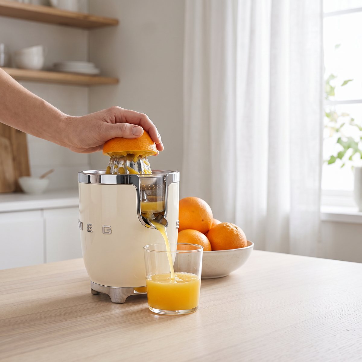 Gräddvit Smeg 50's Style CJF11 citruspress som pressar apelsin vid ett köksbord i en svensk lägenhet