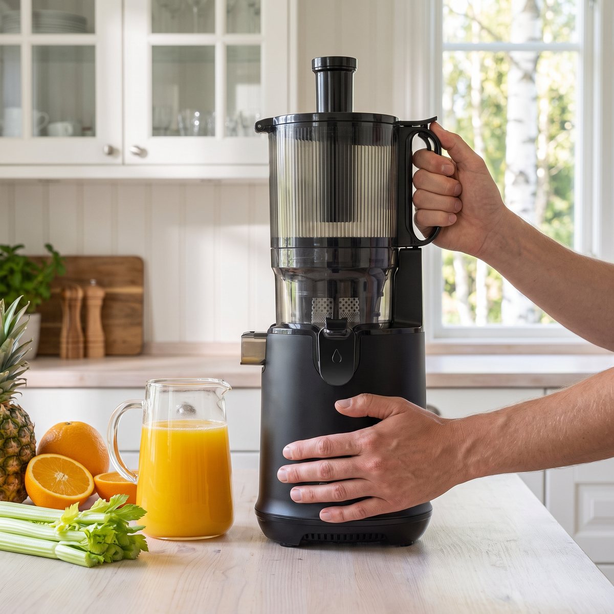 Caso SJW 600 XL slowjuicer i svart på en bänk i ett svenskt lanthemskök med björkar utanför fönstret och en kanna juice