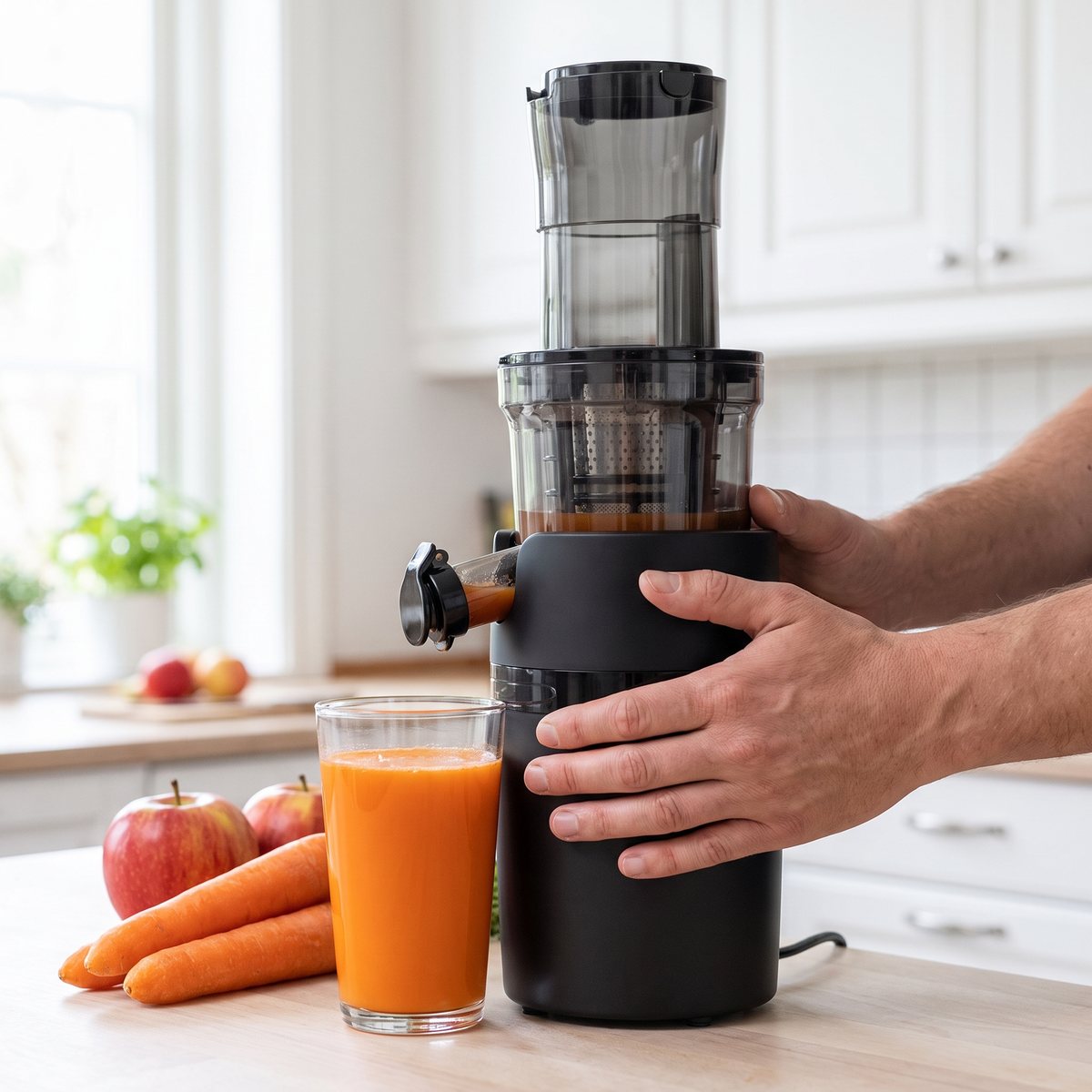 Gastroback Vita Fresh slowjuicer i svart på en bänk i ett ljust svenskt kök, med morötter, äpplen och ett glas juice