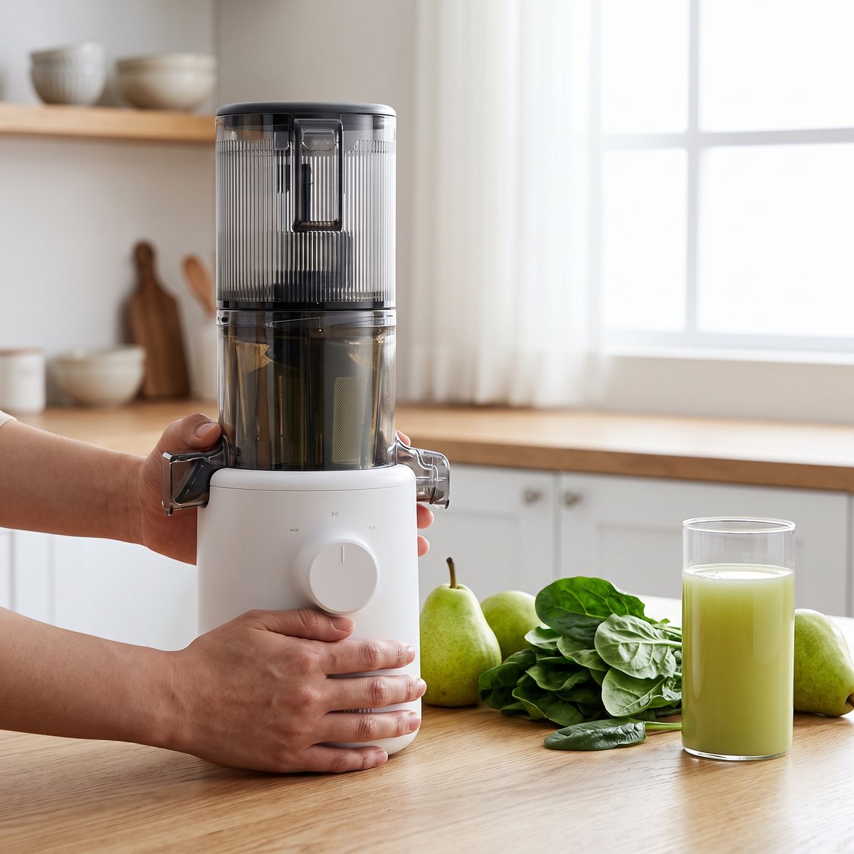 Hurom H310A slowjuicer i vitt på en köksbänk i ett ljust svenskt kök med päron, spenat och ett glas grön juice