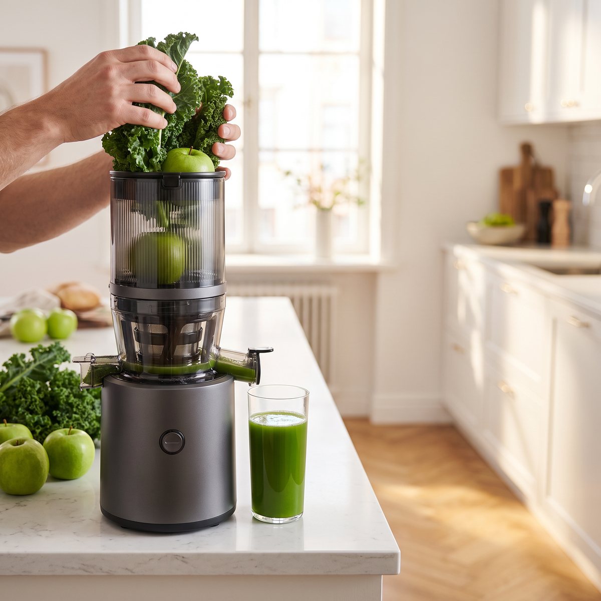 Hurom H320N slowjuicer i grått på en köksbänk i ett svenskt kök med gröna äpplen och grönkål