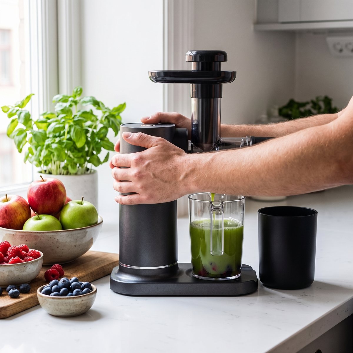 Ninja Cold Press slowjuicer på en bänk i ett litet svenskt lägenhetskök med äpplen och bär