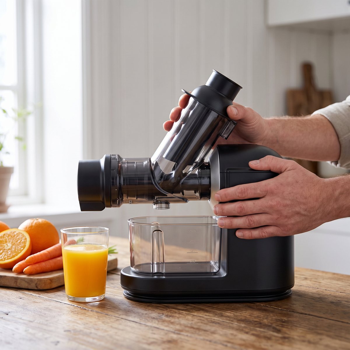 Philips Viva Collection kompakt liggande slowjuicer på ett träbord i ett svenskt hem med apelsiner och juice