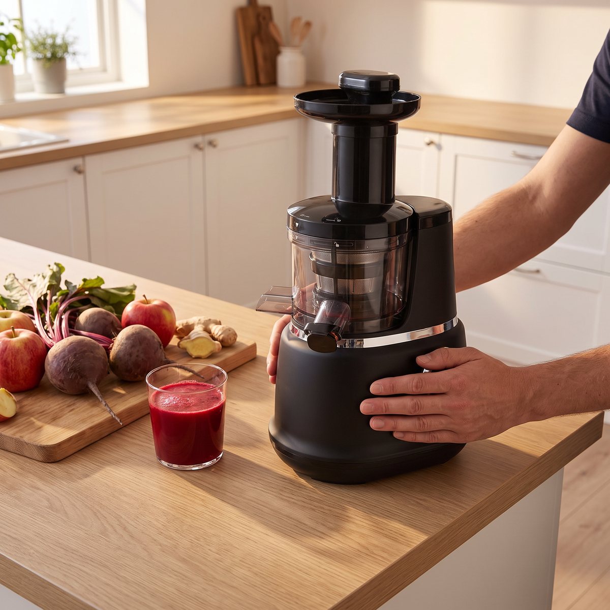 Witt Premium slowjuicer i svart på en köksö i ett skandinaviskt kök med rödbetor, äpplen och ett glas rödbetsjuice