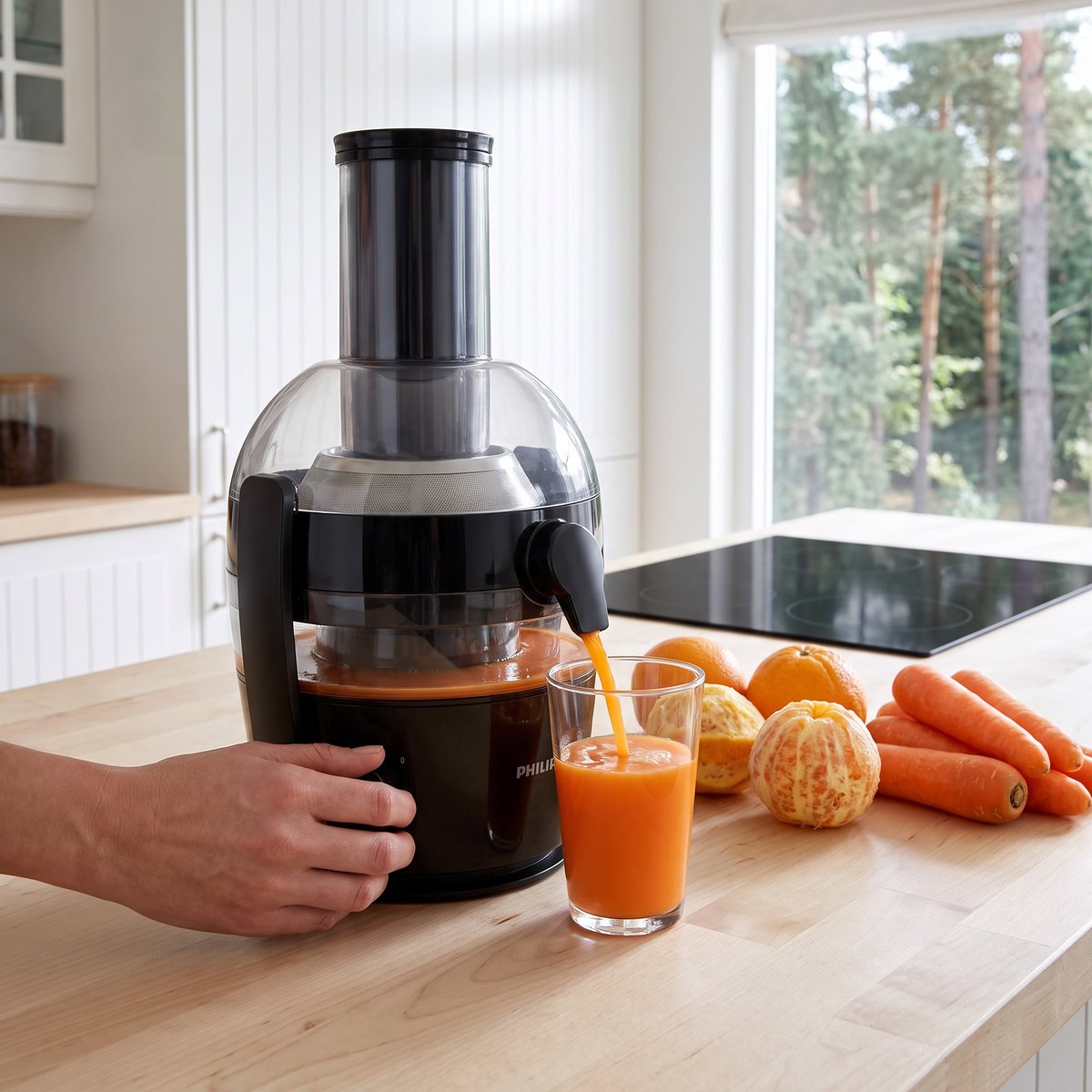 Philips Viva Collection HR1856 centrifugaljuicer i ett svenskt kök med apelsiner och morötter