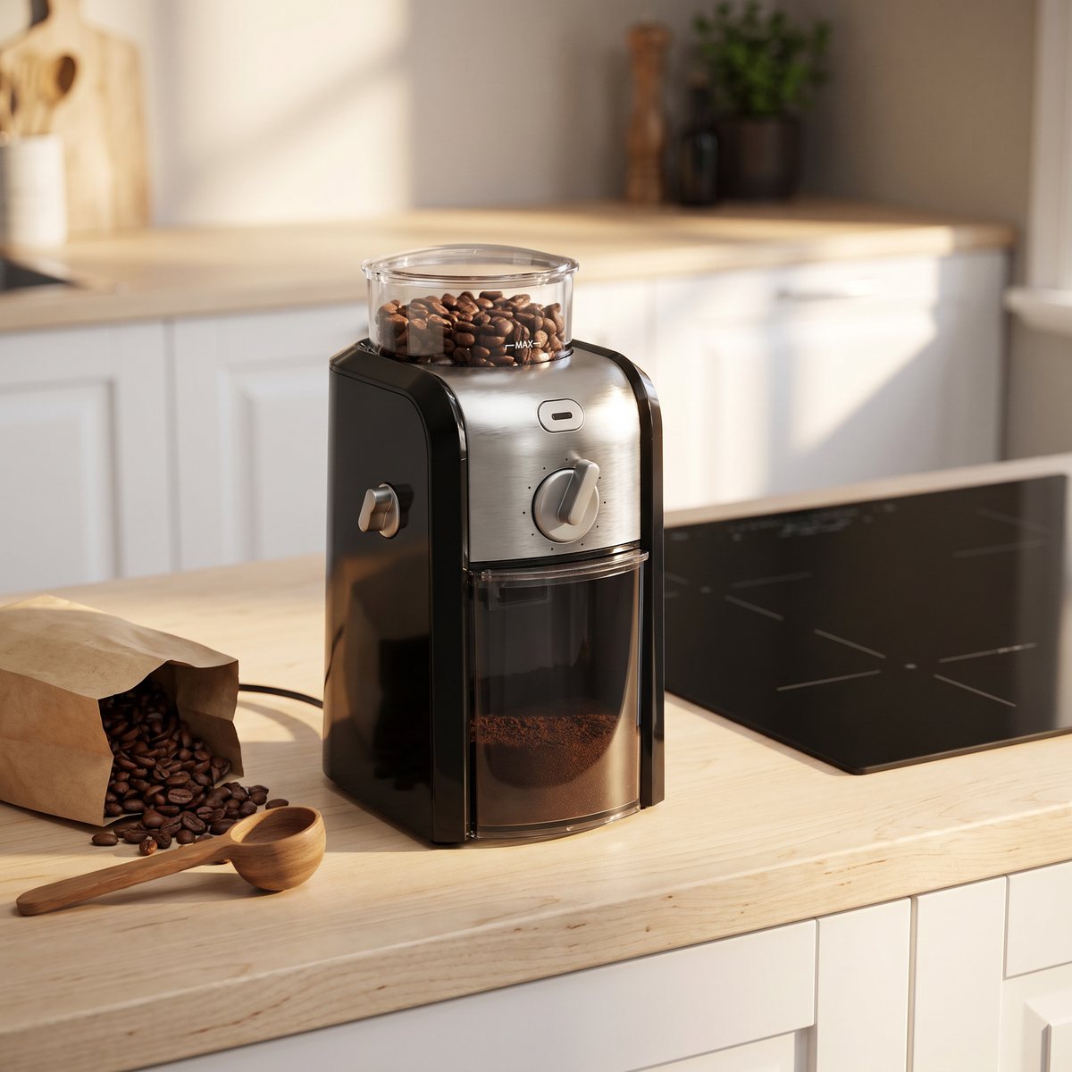 OBH Nordica Precision kaffekvarn med rostfri frontpanel på en köksbänk i ett svenskt kök