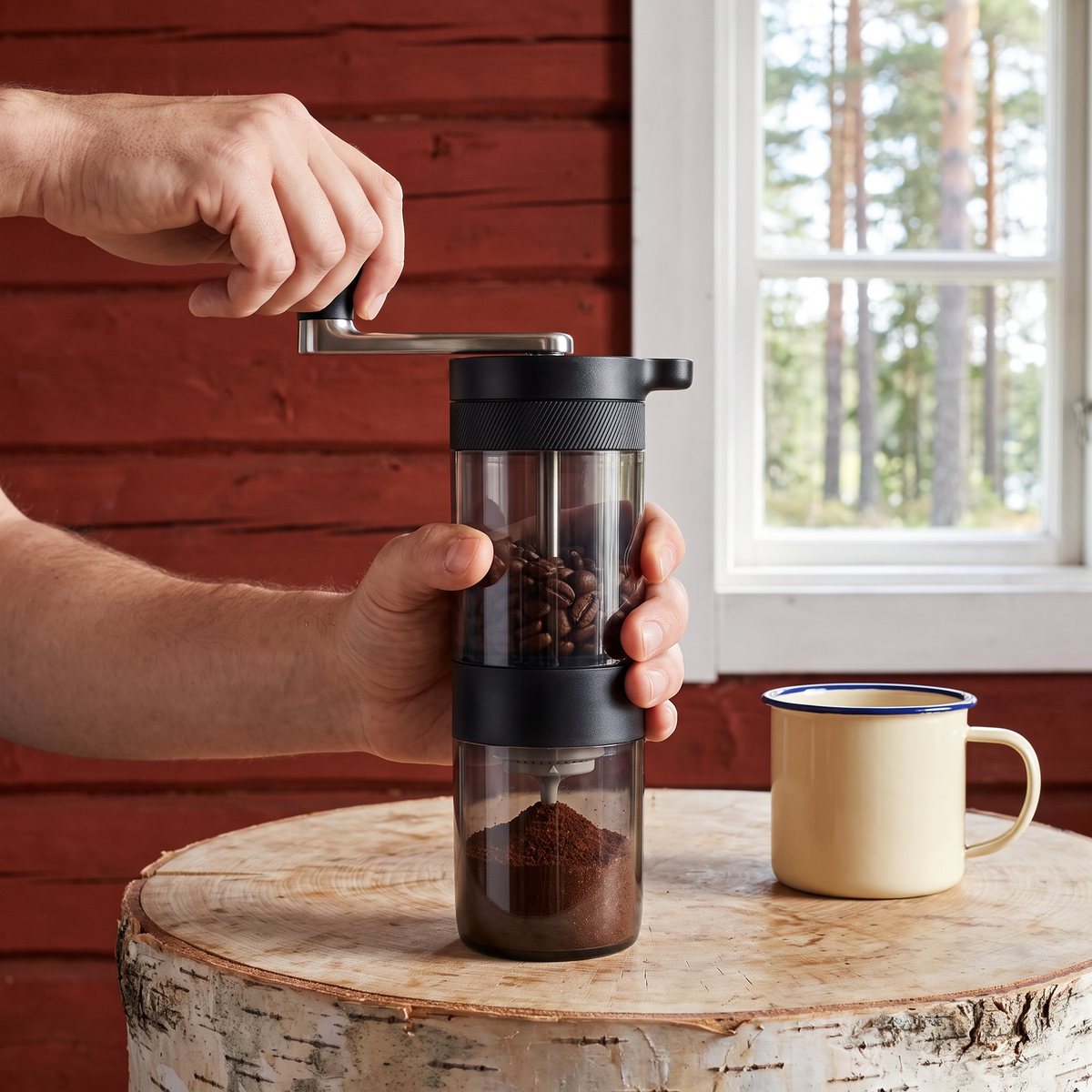 Handvevad kaffekvarn Oxo Brew på ett bord i en svensk stuga