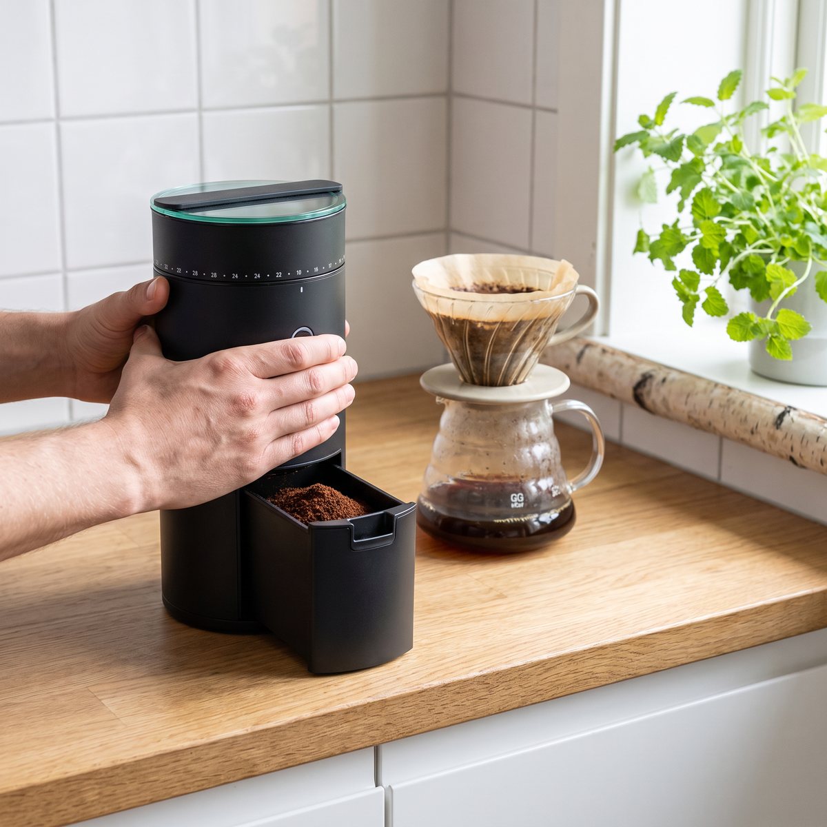 Svart elektrisk kaffekvarn Wilfa Uniform Evo på en köksbänk i ett svenskt kök