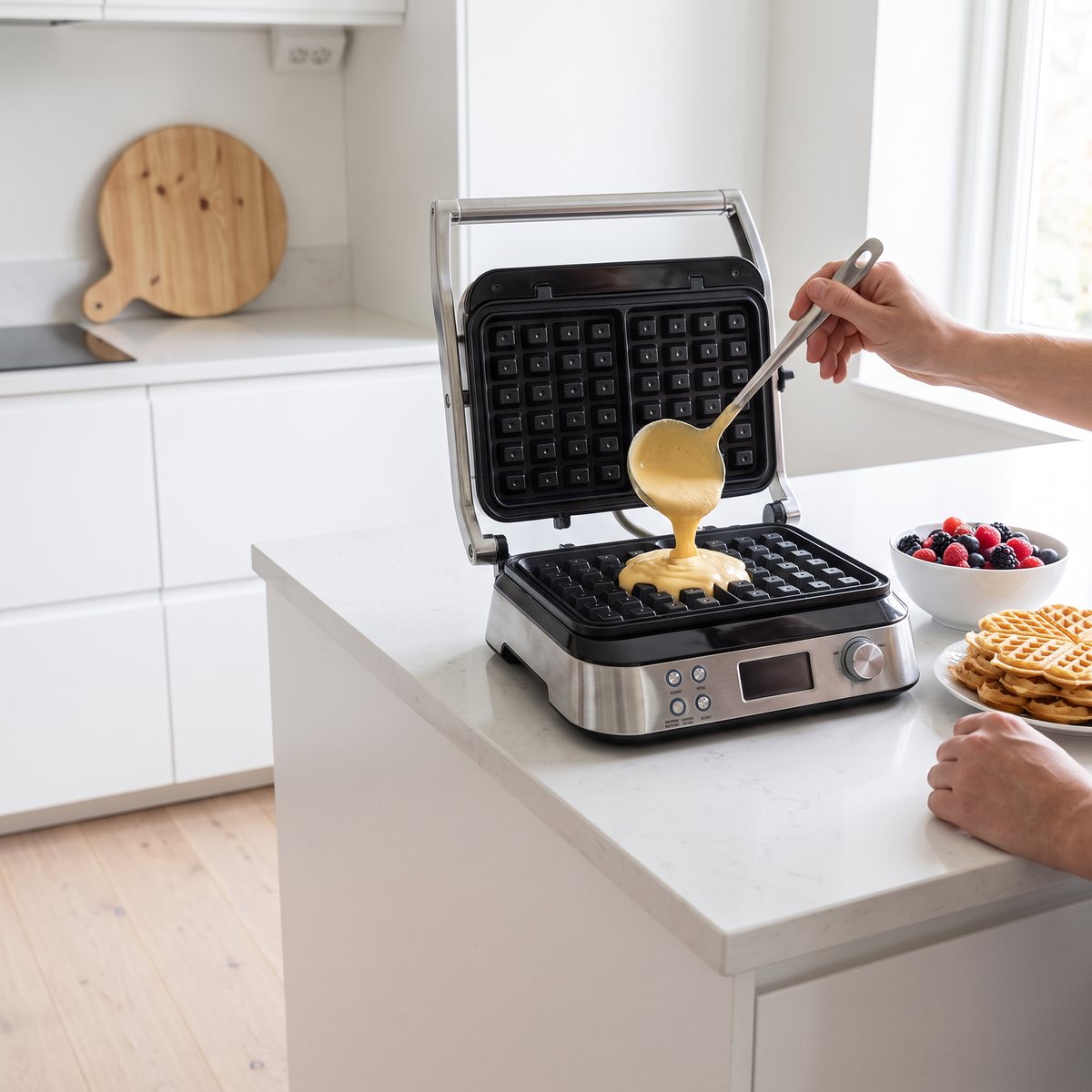 Gastroback Advanced belgiskt våffeljärn i rostfritt stål när smet hälls i, i ett svenskt kök