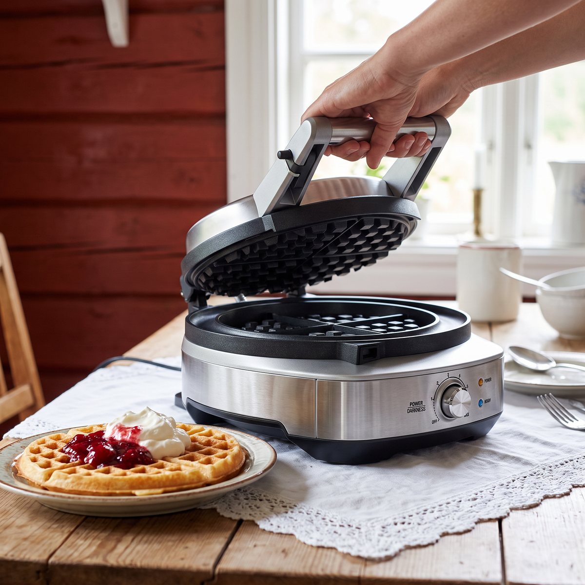 Sage the No Mess Waffle med lyft lock bredvid en våffla med sylt och grädde i en röd svensk stuga