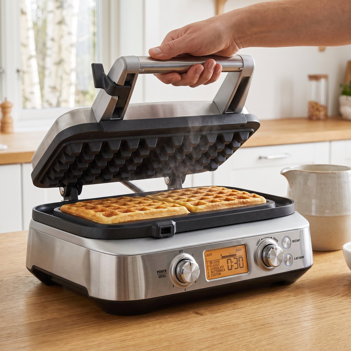 Sage the Smart Waffle i rostfritt stål med två våfflor som gräddas, i ett ljust svenskt kök