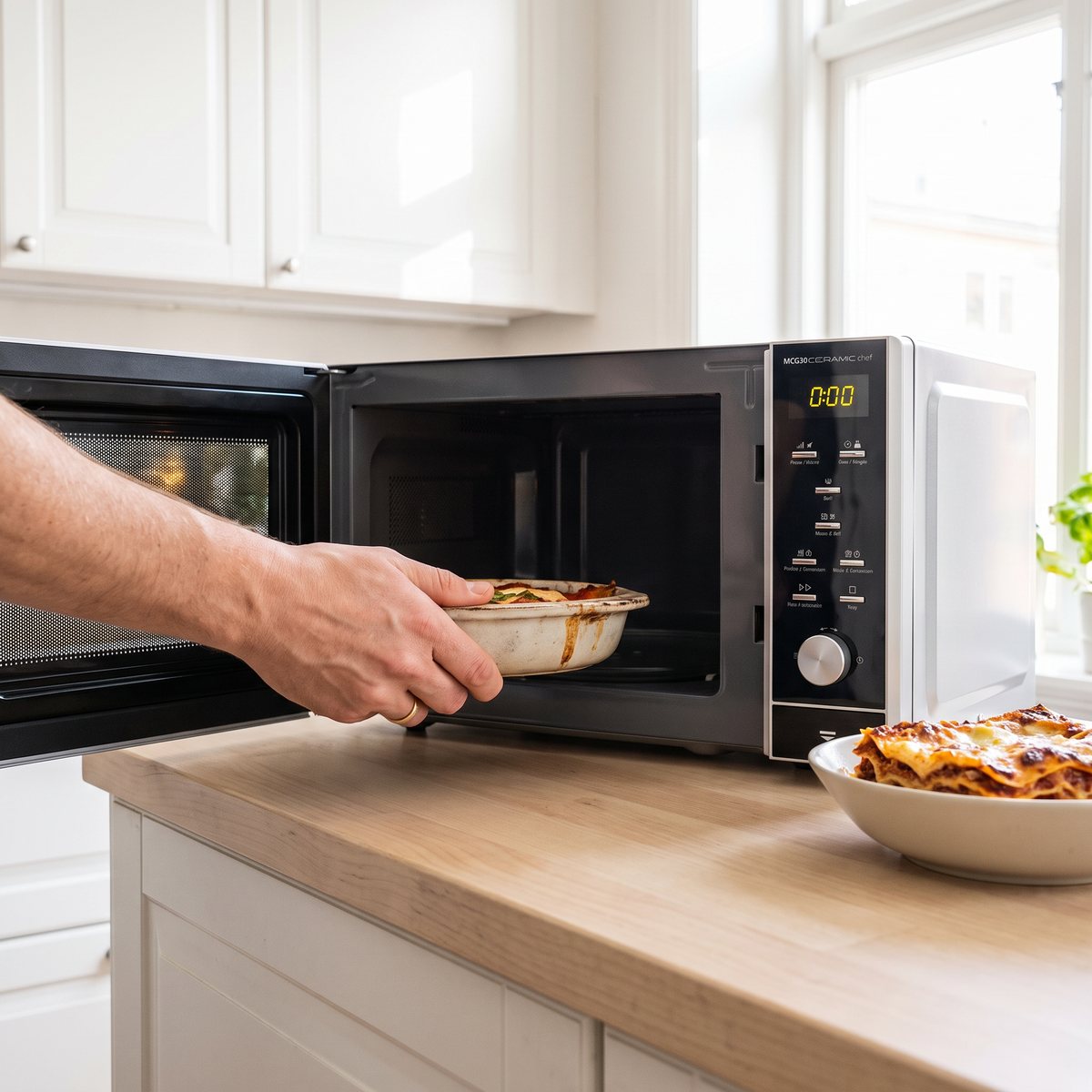 Caso MCG30 Ceramic Chef-mikrovågsugn på en träbänk i ett ljust svenskt kök, där en lasagne i ugnsform ställs in