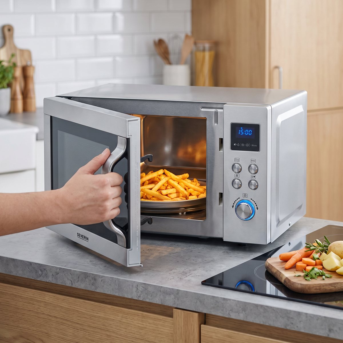 Severin mikrovågsugn med airfryer på en bänk i ett svenskt kök, där en hand öppnar dörren till pommes frites