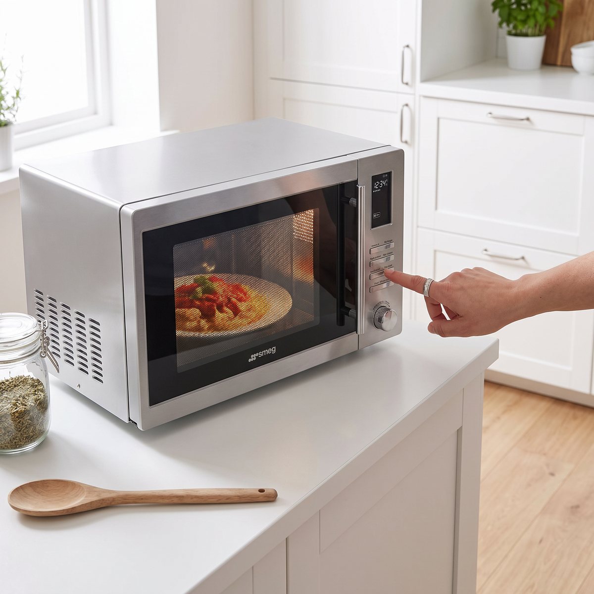 Smeg MOE25X-mikrovågsugn på en vit köksbänk i ett svenskt kök, där en hand startar en pastarätt