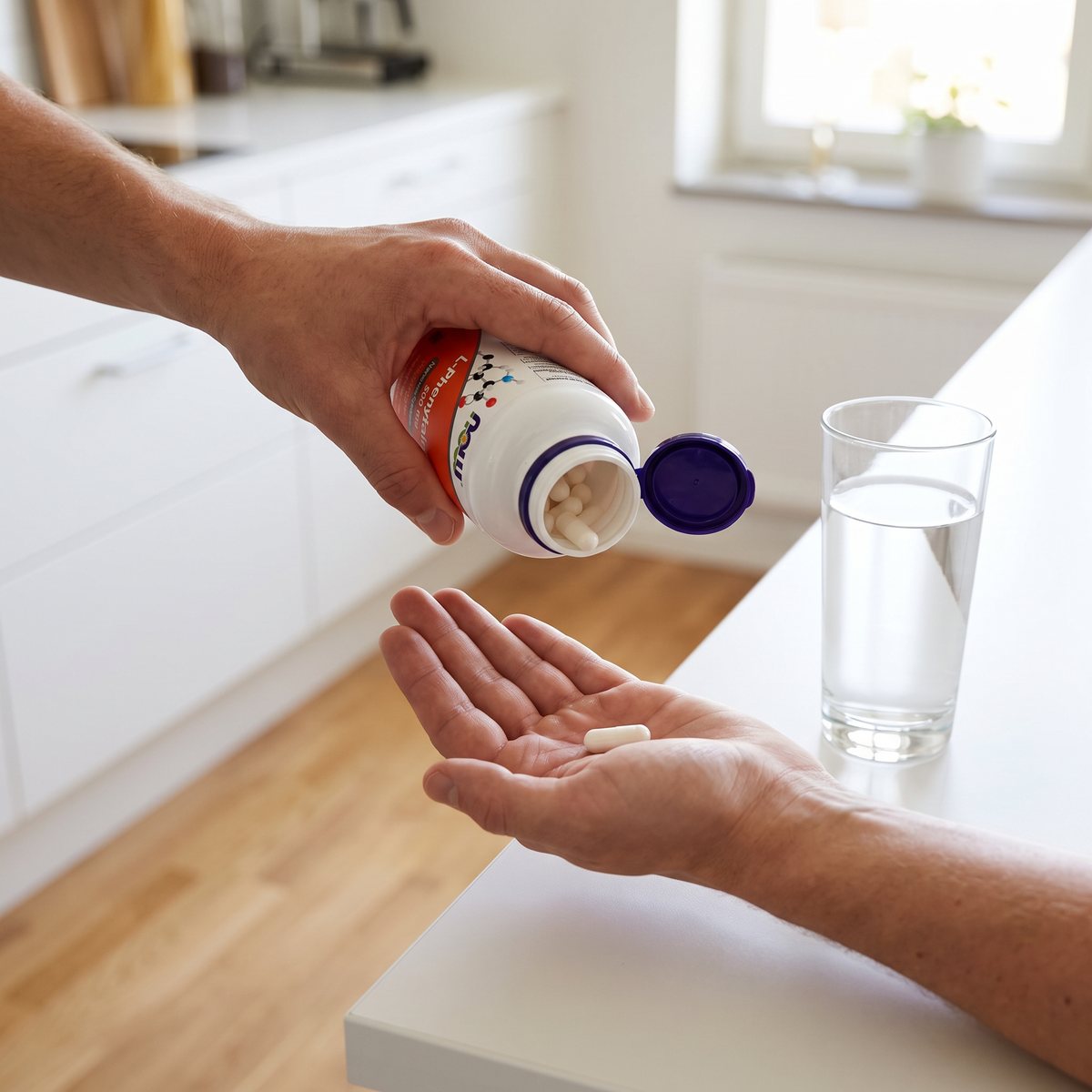 Burk med NOW Phenylalanine hålls i handen vid ett glas vatten i ett svenskt kök