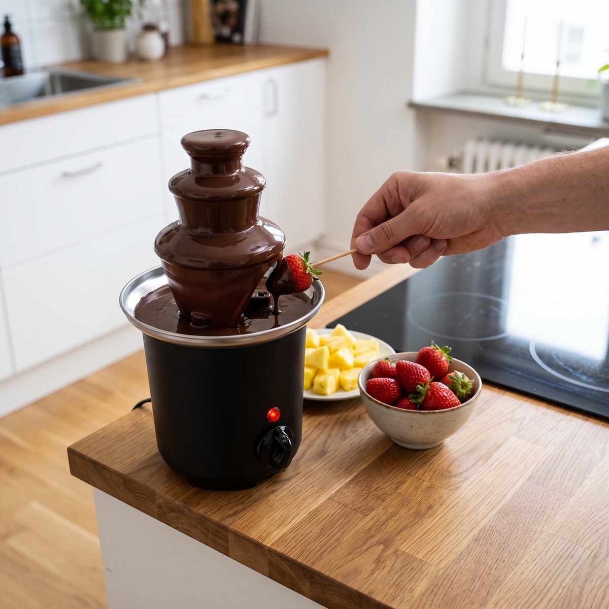 Svart Champion chokladfontän med rinnande choklad på en köksö i en svensk lägenhet