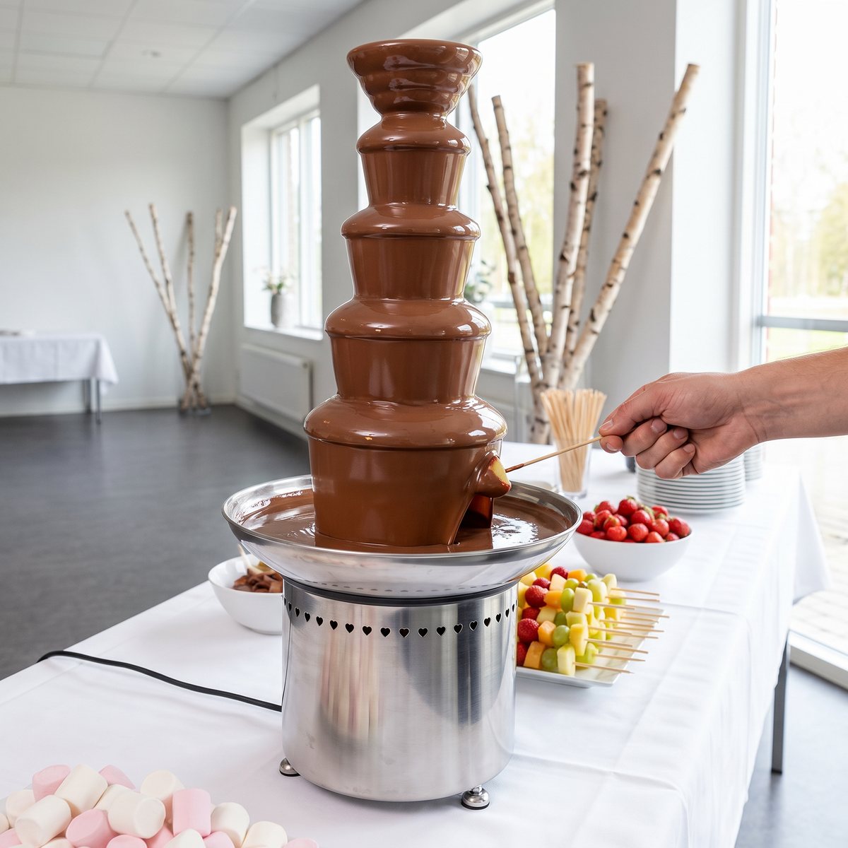 Royal Catering chokladfontän med fem våningar på ett buffébord i en ljus svensk lokal med björkgrenar