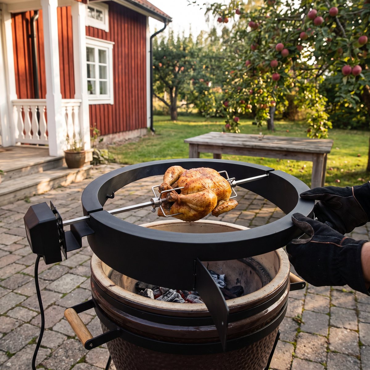 Rotisserie-ring med motor på en kamado med kyckling på spettet, stenlagd uteplats vid ett rött trähus med äppelträd