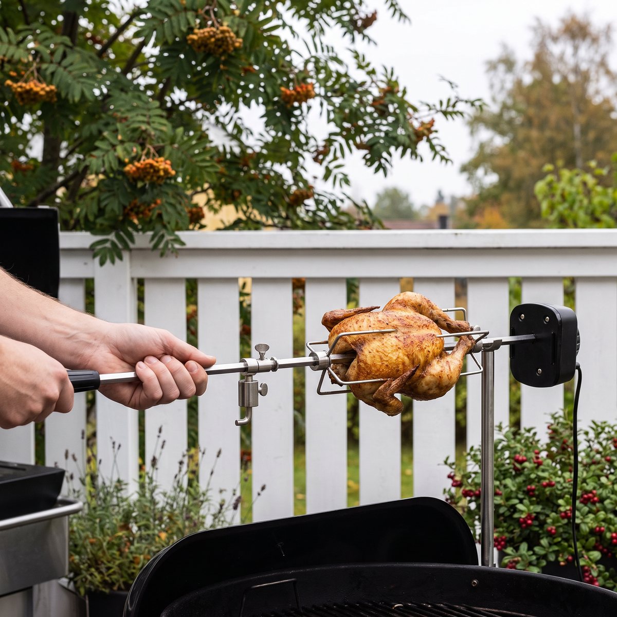 Rotisserispett med motor och handtag som vänder en kyckling över en grill på en svensk trädgårdsaltan med vitt räcke och lingonris