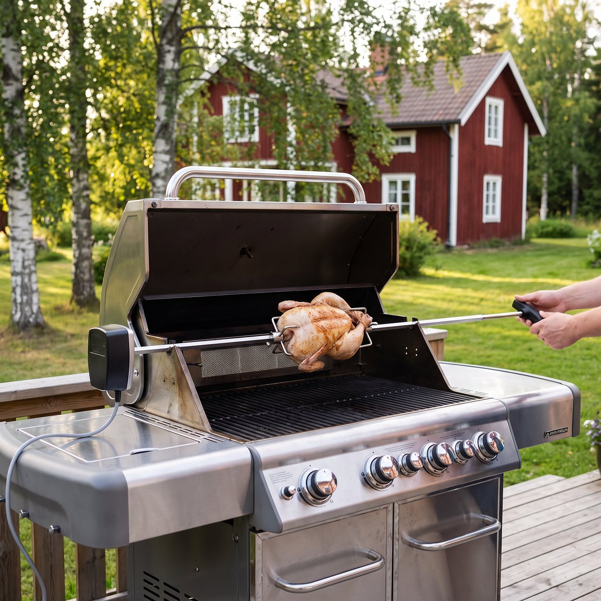 Rotisserispett med motor över en rostfri gasolgrill med en hel kyckling på terrassen vid ett rött svenskt trähus