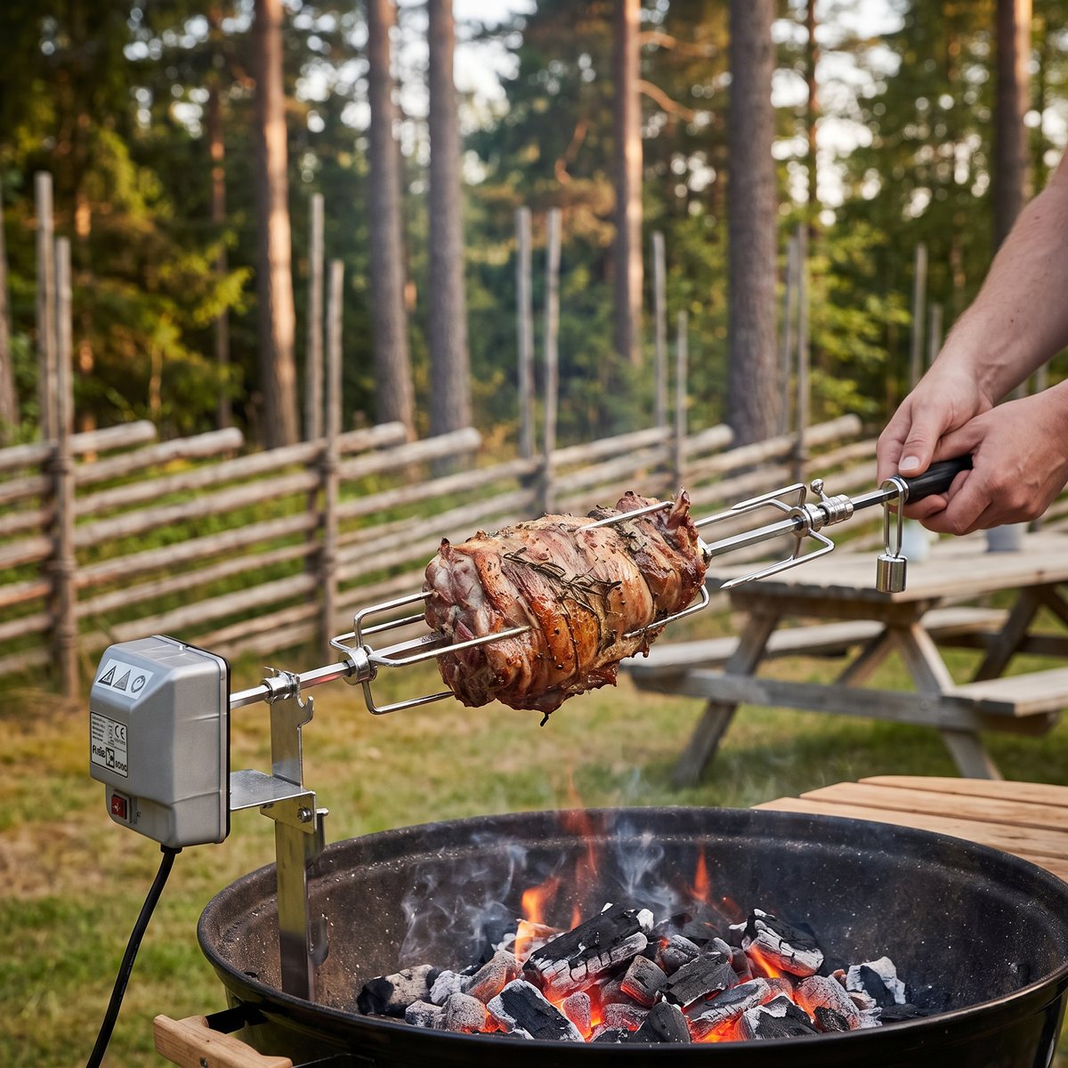 Grillspett med motor som vänder en lammstek över glödande kol i en svensk trädgård med risgärdsgård och tallskog