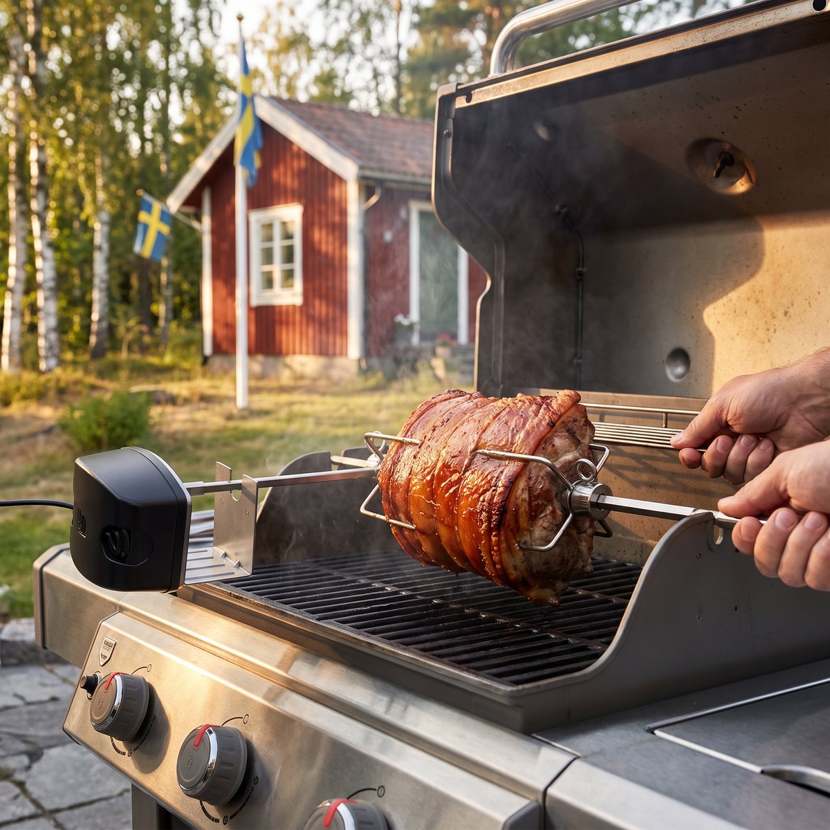 Weber rotisserie med motor och spett som vänder en fläskstek på en gasolgrill vid en svensk stuga med flaggstång och björkar