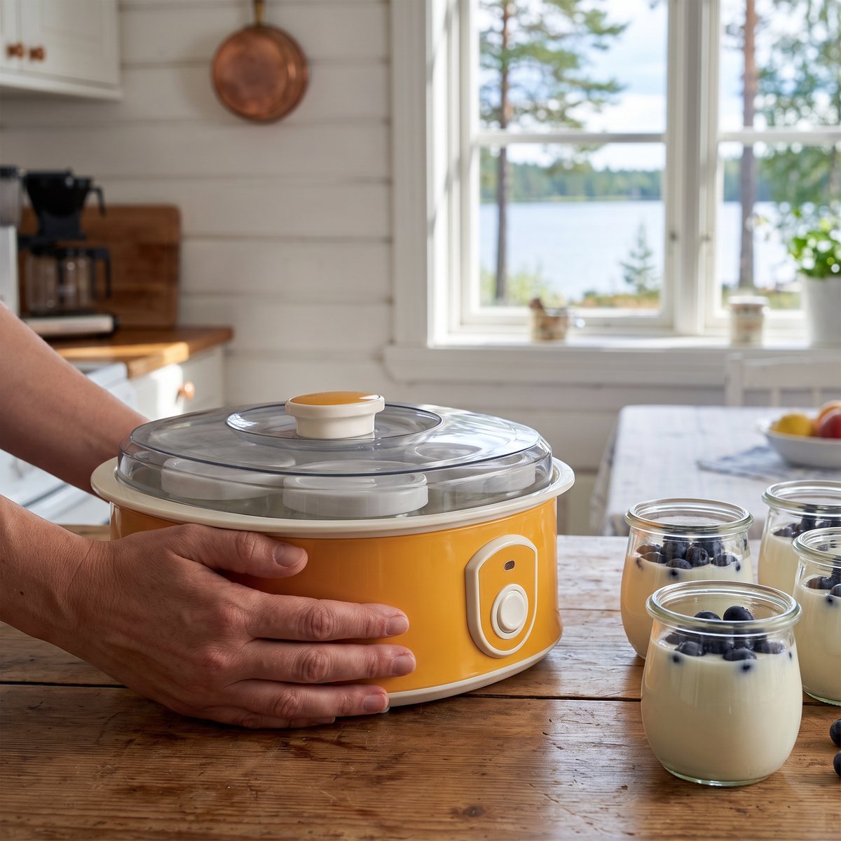 Gul rund yoghurtmaskin på ett träbord i ett svenskt sommarstugekök med sjö och tallar utanför fönstret