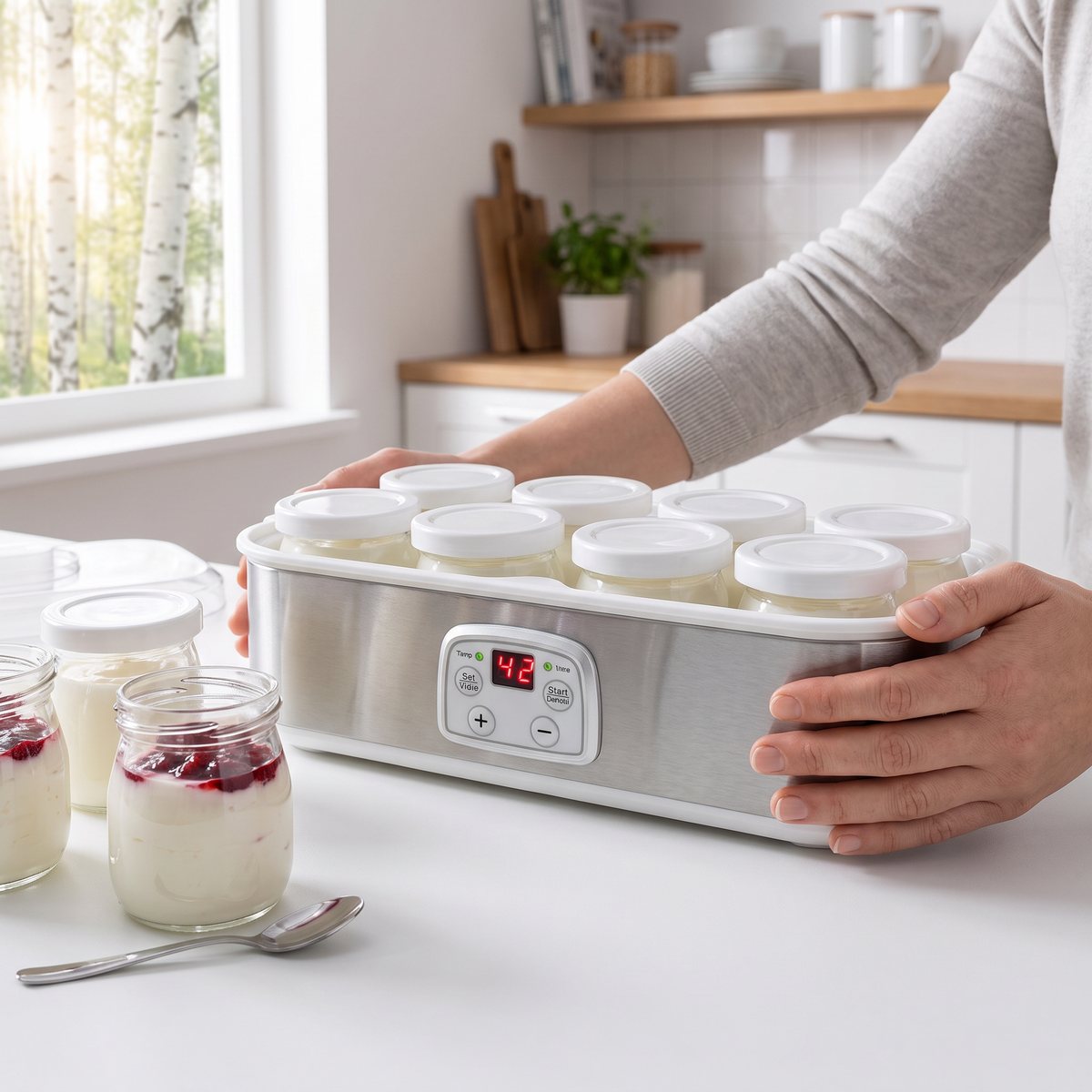 Yoghurtmaskin i rostfritt med åtta glasburkar på en vit bänk i ett svenskt kök med björkar utanför fönstret