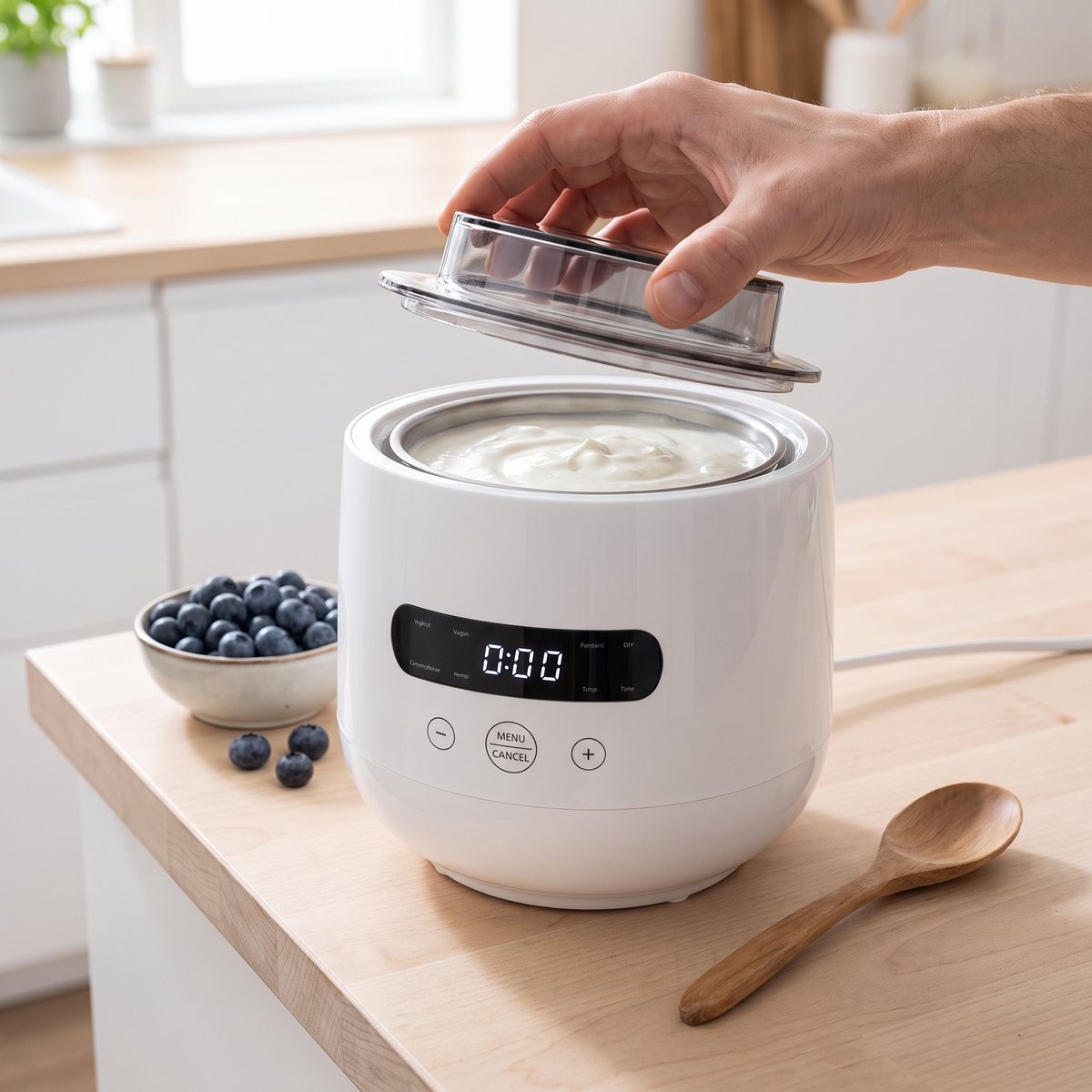 Vit yoghurtmaskin med genomskinligt lock på en köksbänk i björk i ett ljust svenskt kök, en hand lyfter locket över nylagad yoghurt