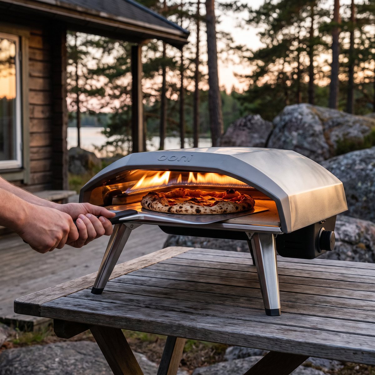 Pizzaugnen Ooni Koda 2 på ett bord vid en svensk sjöstuga, med en pizza som gräds