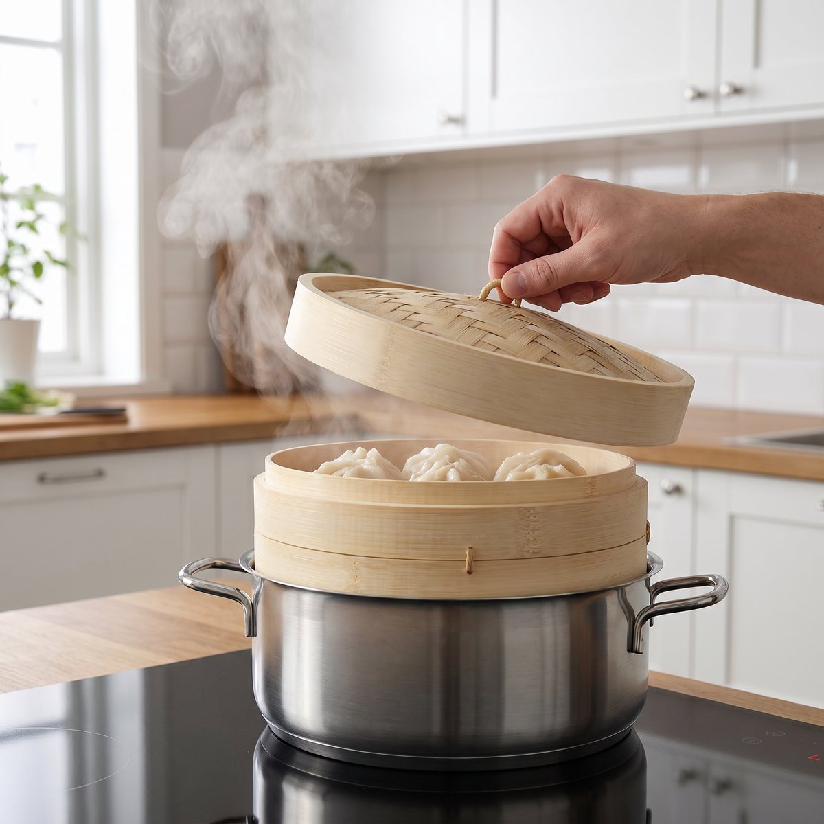 Hand lyfter locket på en bambukorg med dumplings över en kastrull på en induktionshäll i ett svenskt kök