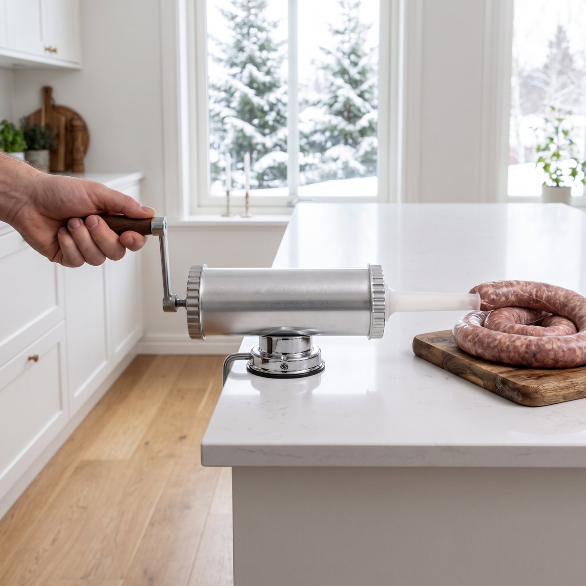 Mareld korvspruta med träveven och korvhorn, fastsugen på en vit bänkskiva i ett svenskt kök