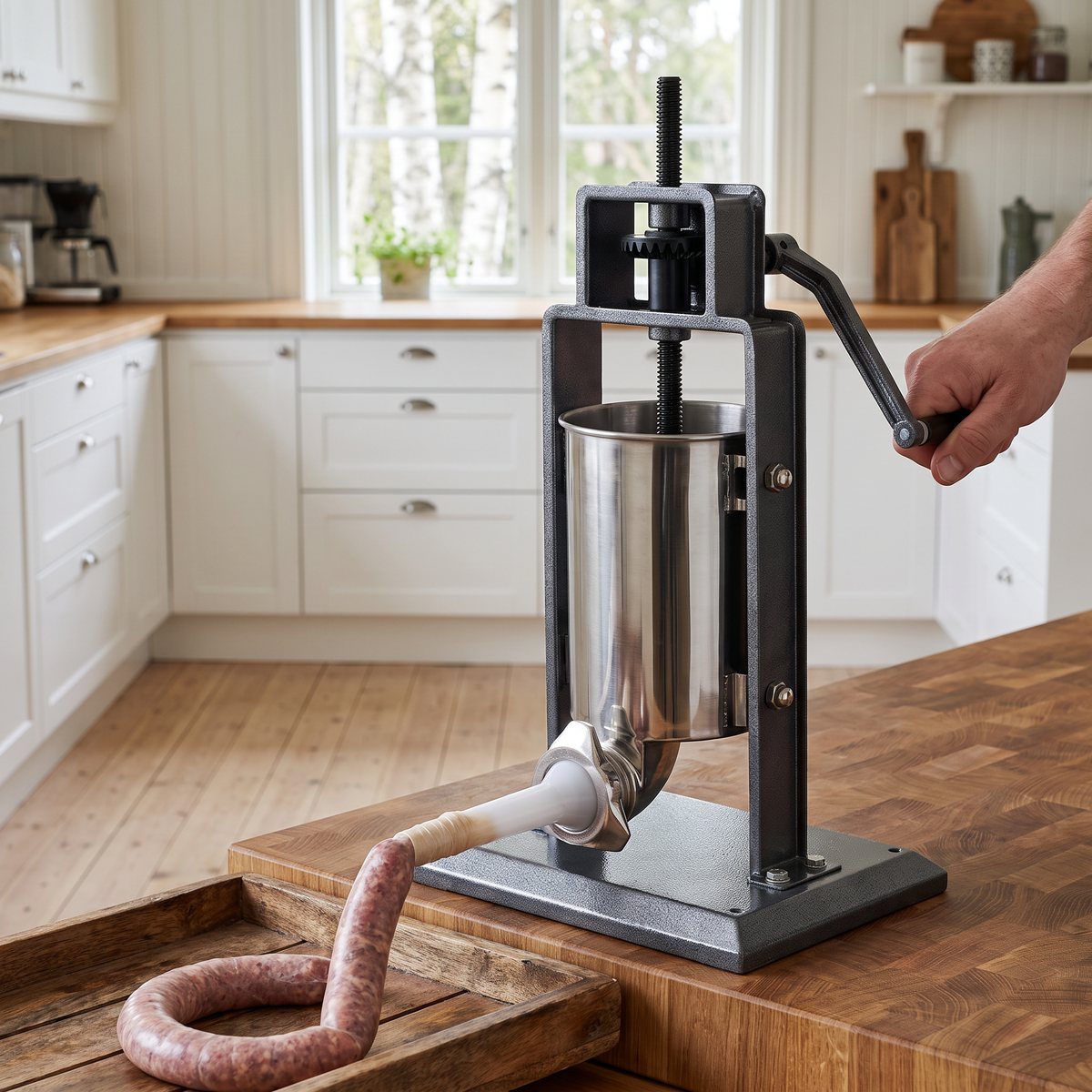 Tellier korvspruta i grått gjutjärn med rostfri cylinder och vev, som fyller korv på ett svenskt köksbord