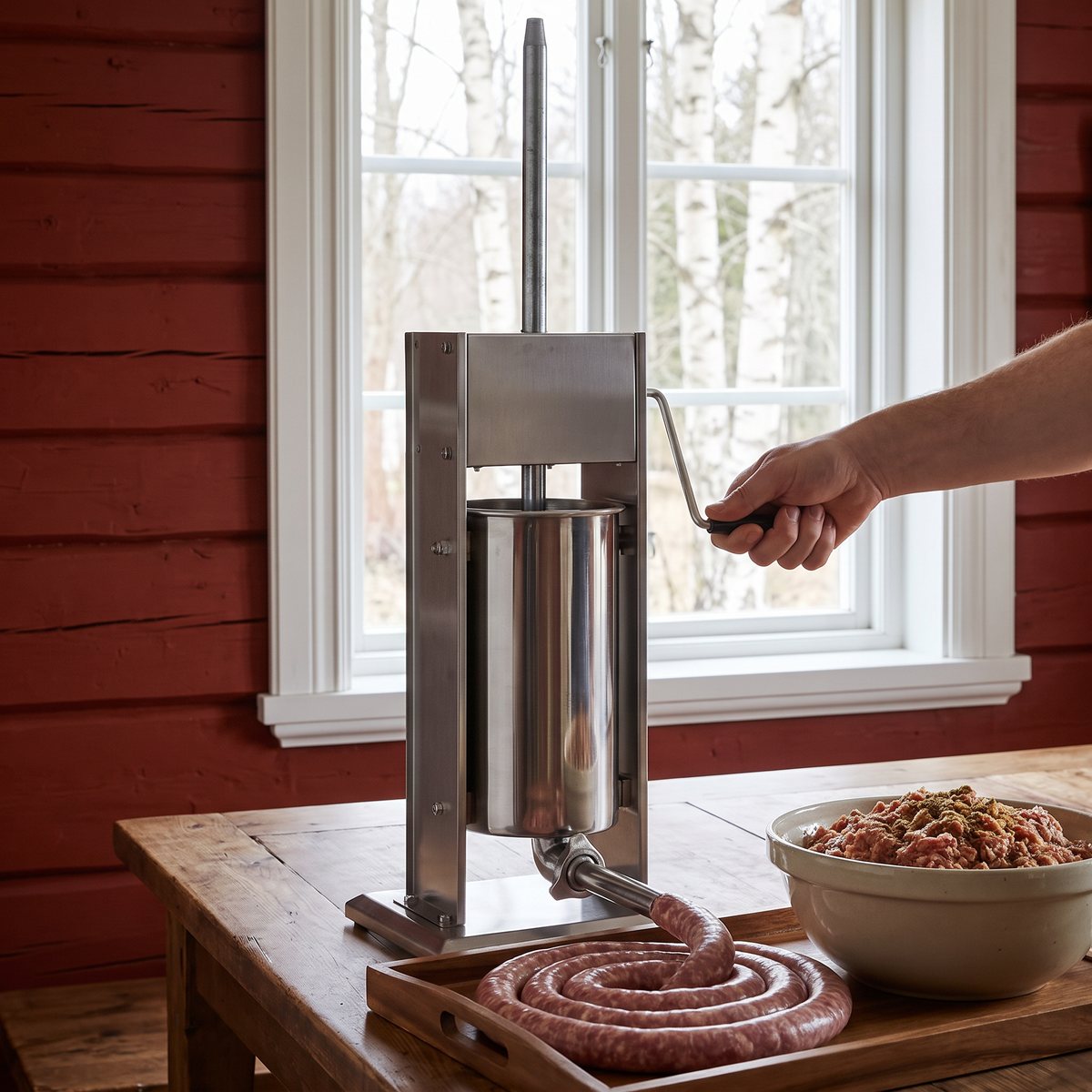 vidaXL korvstoppare 15 liter i rostfritt stål på ett bord i en svensk stuga
