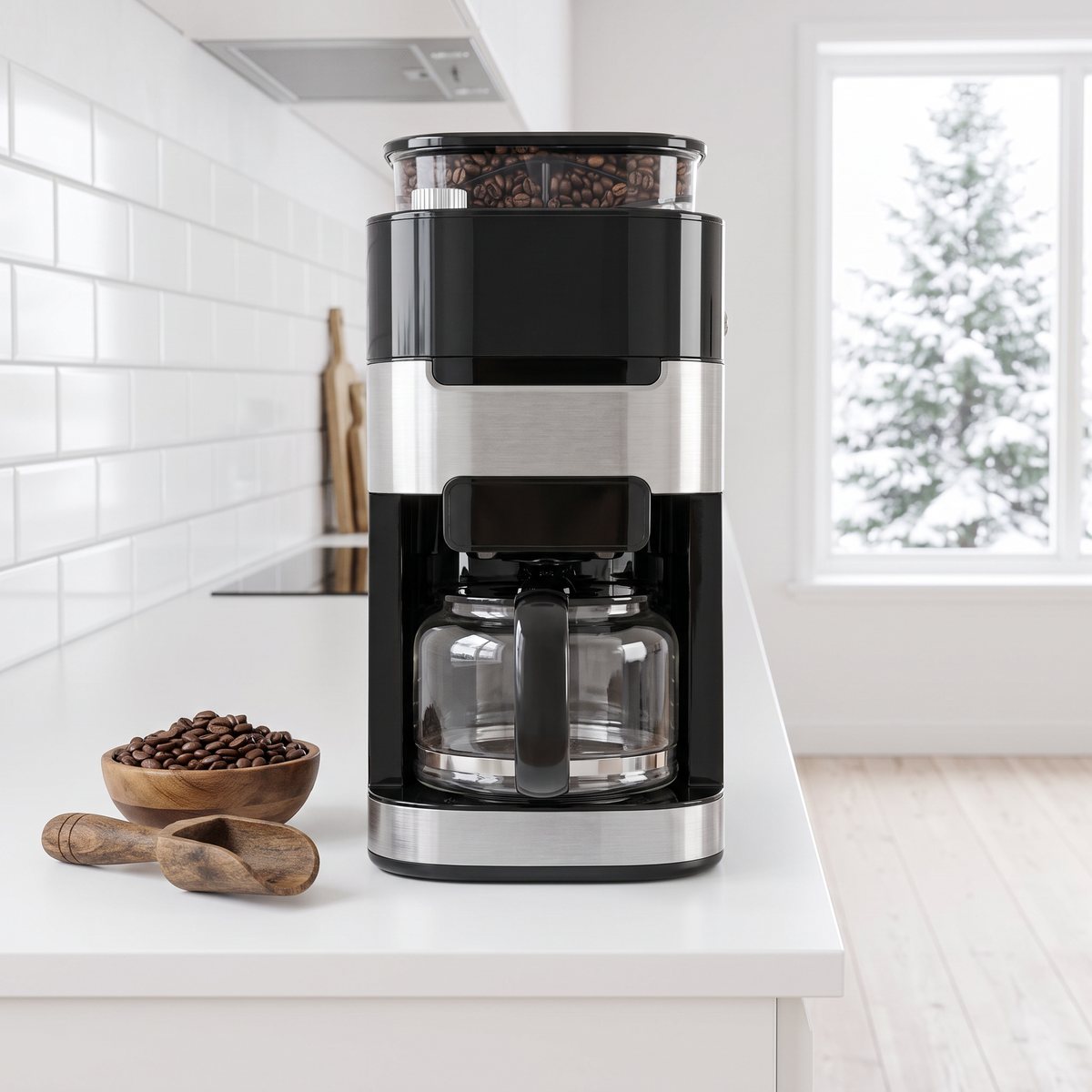 Gastroback Grind & Brew Pro på en köksbänk med kaffebönor i ett ljust svenskt hem