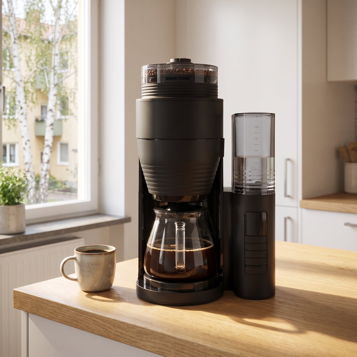 Melitta AromaFresh Pro med kvarn och glaskanna på en köksbänk i ett svenskt kök