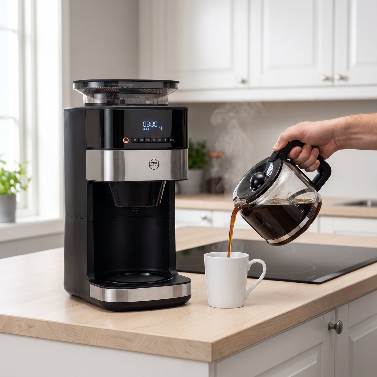 OBH Nordica Grind Aroma när kaffe hälls upp från glaskannan i ett svenskt kök