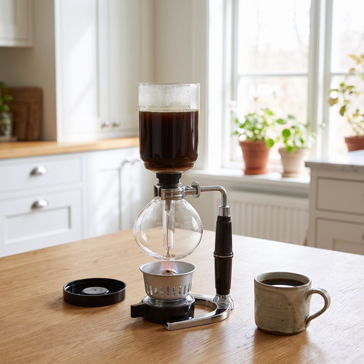 Hario Technica TCA-3 sifon som brygger kaffe på ett köksbord i ett svenskt hem