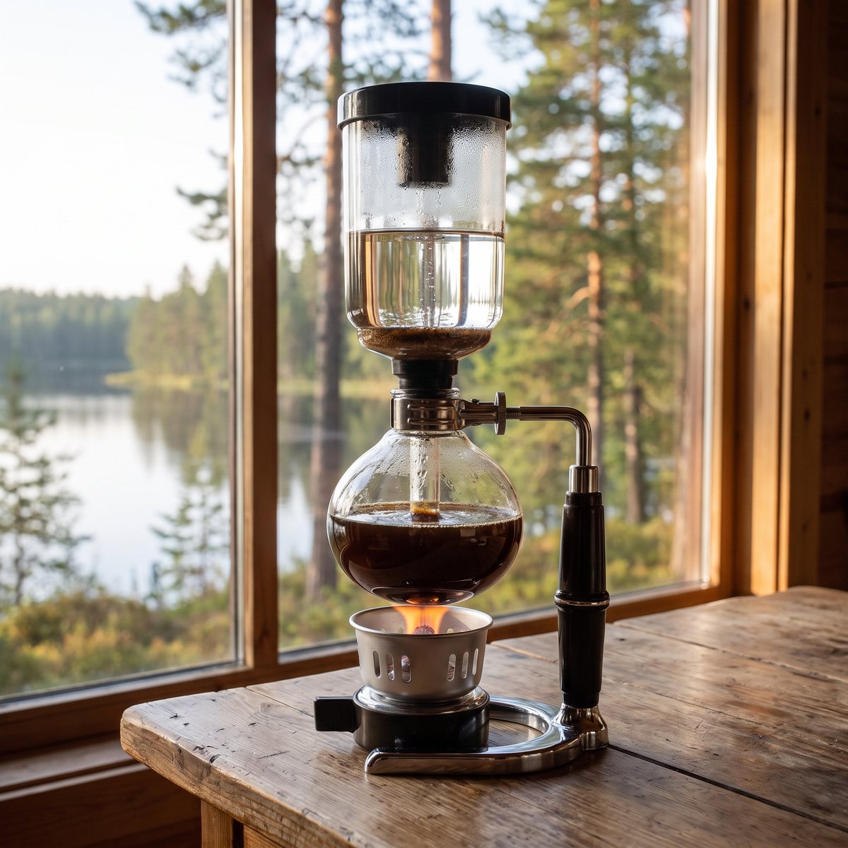 Moon-1 stativsifon som brygger kaffe vid ett fönster mot svensk skog och sjö