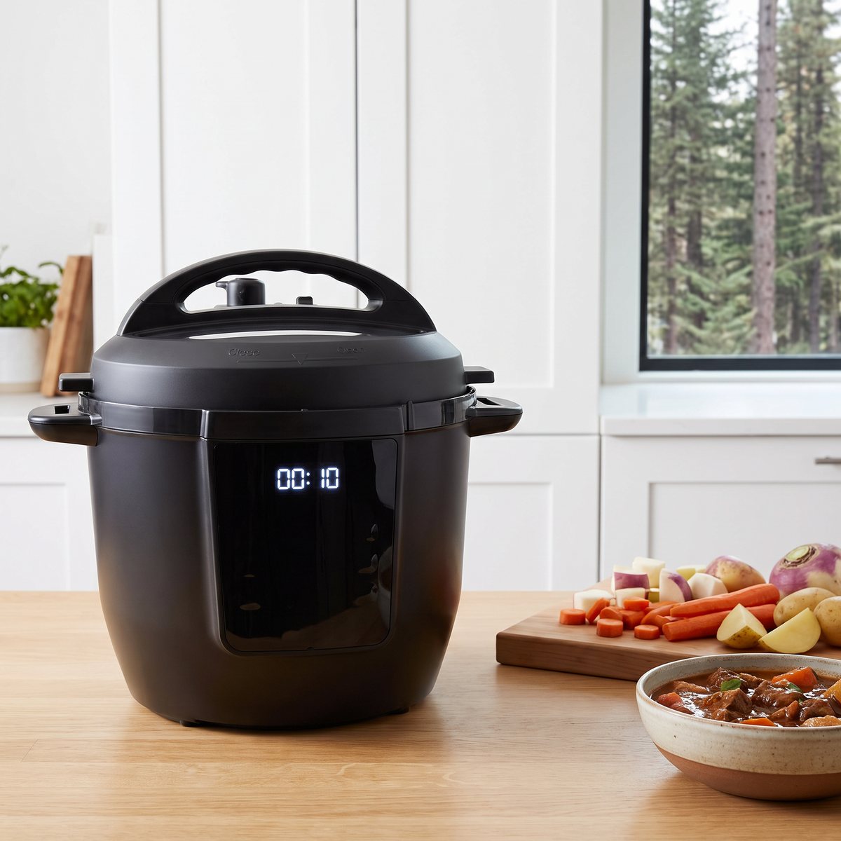 Svart Instant Pot multicooker på en köksbänk i ett svenskt kök, med rotfrukter och en skål gryta bredvid