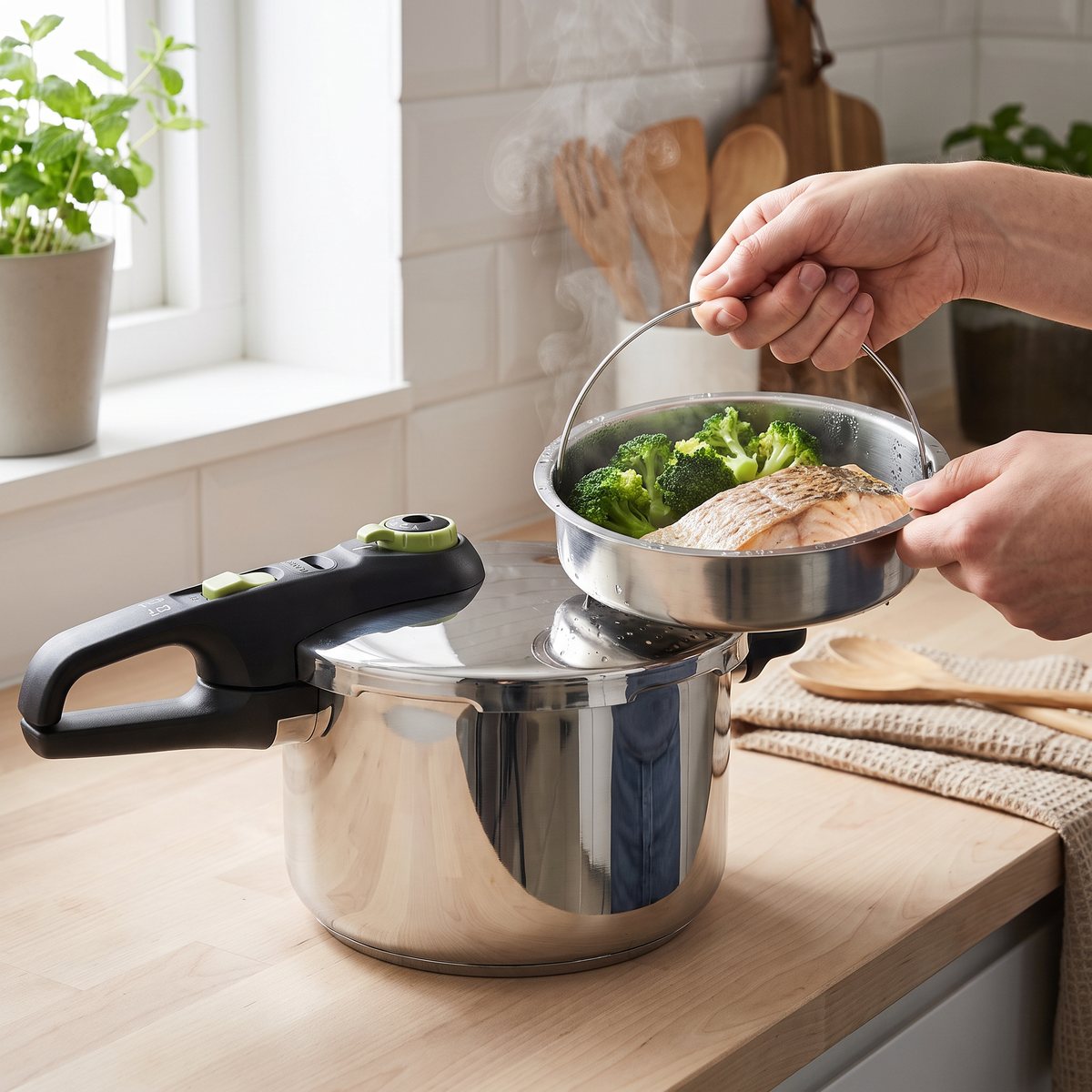 Tefal Secure Trendy tryckkokare där ångkorgen med broccoli och fisk lyfts upp, på en bänkskiva i trä i ett svenskt kök