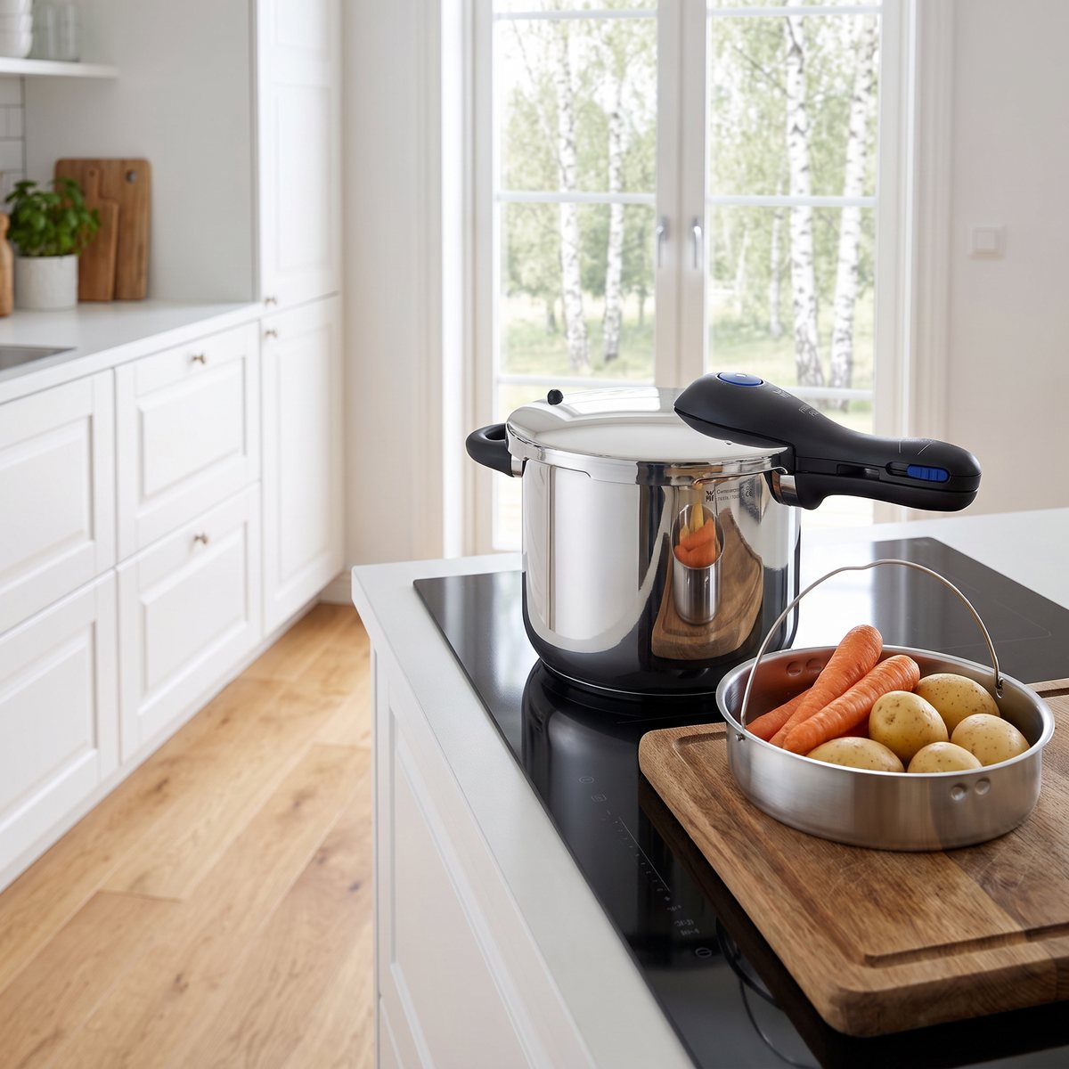 WMF Perfect Plus tryckkokare i rostfritt stål på induktionshäll i ett ljust svenskt kök, med ånginsatsen fylld med morötter och potatis bredvid