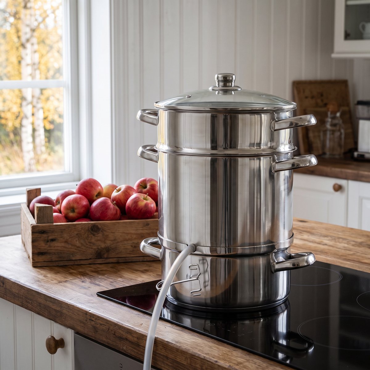 Rostfri ångsaftkokare på en induktionshäll i ett svenskt lanthuskök med äpplen i en trälåda