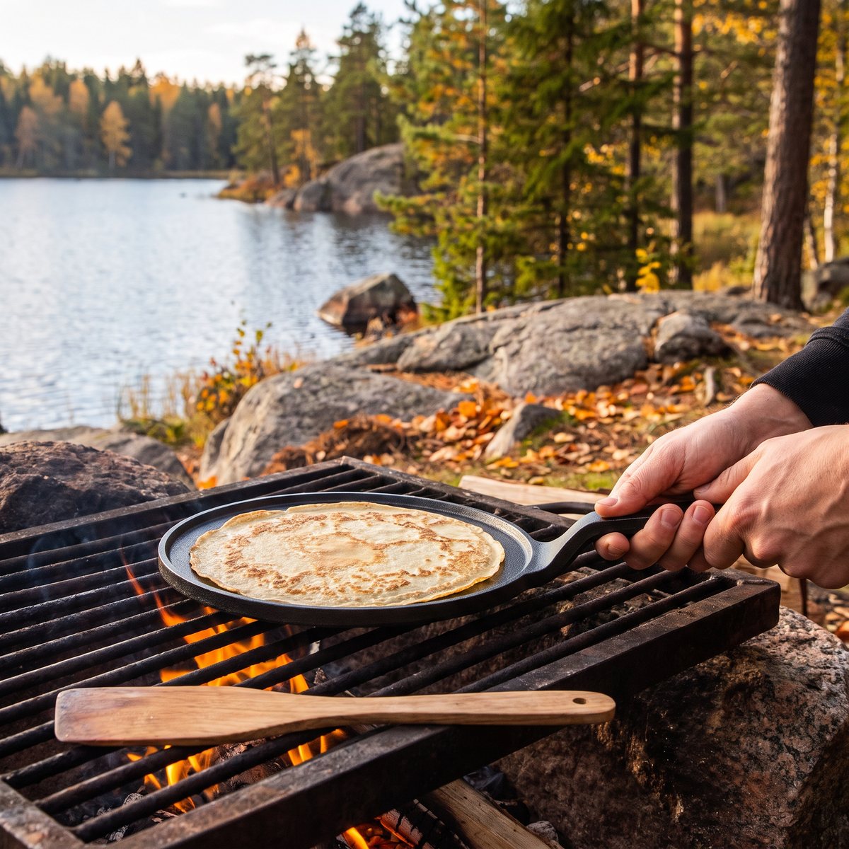 Kockums Jernverk crepespanna i kolstål över en eldstad vid en svensk sjö en höstdag